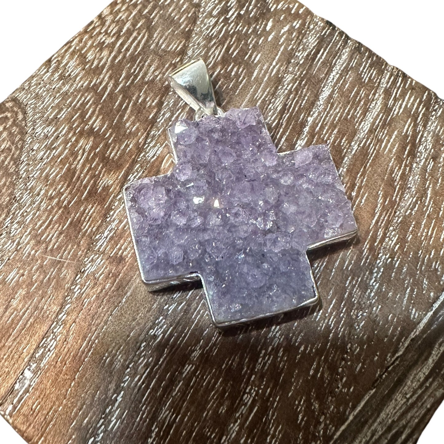 925 Sterling Silver Amethyst Druzy Cross Pendant