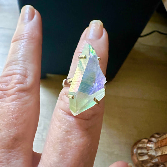 Angel Opal Aura Quartz 925 Sterling Silver Ring