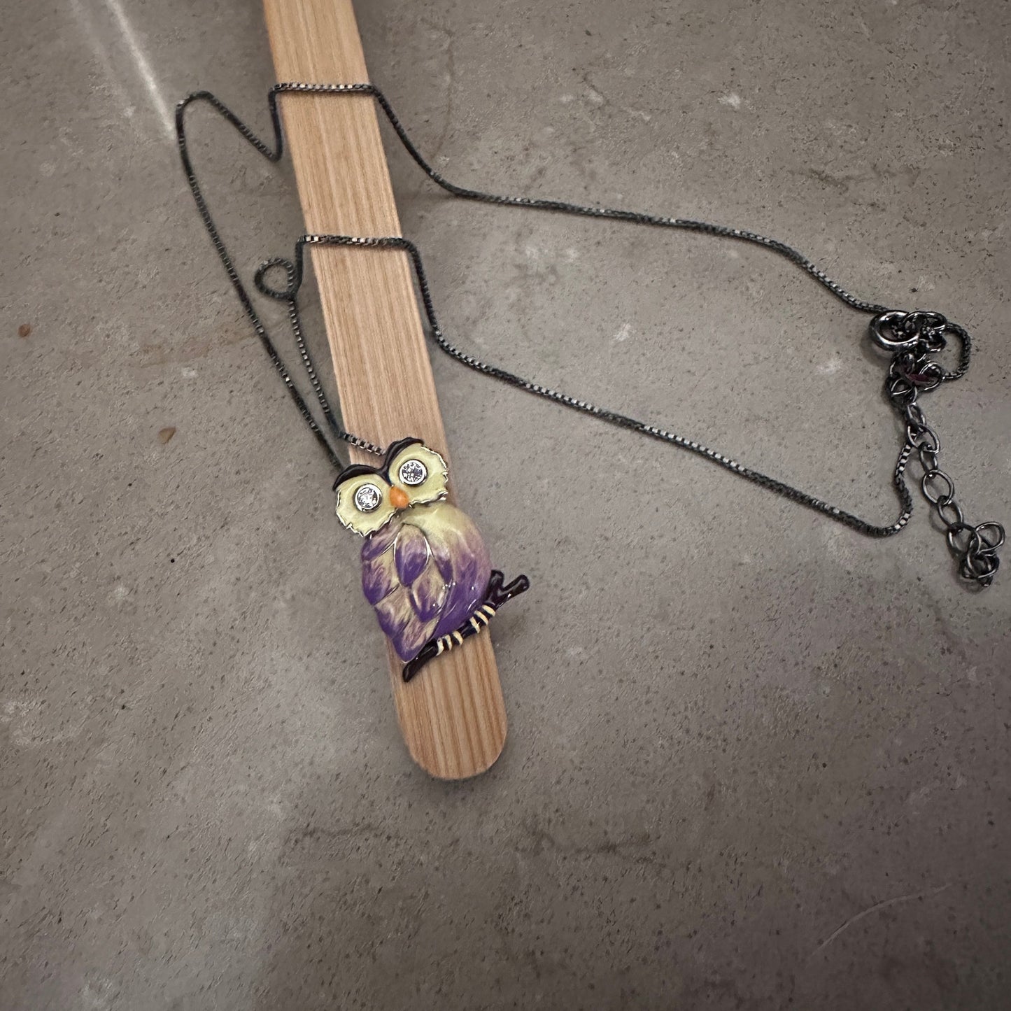 Sterling Silver Hand-Painted Modish Owl with Clear CZ Pendant Necklace