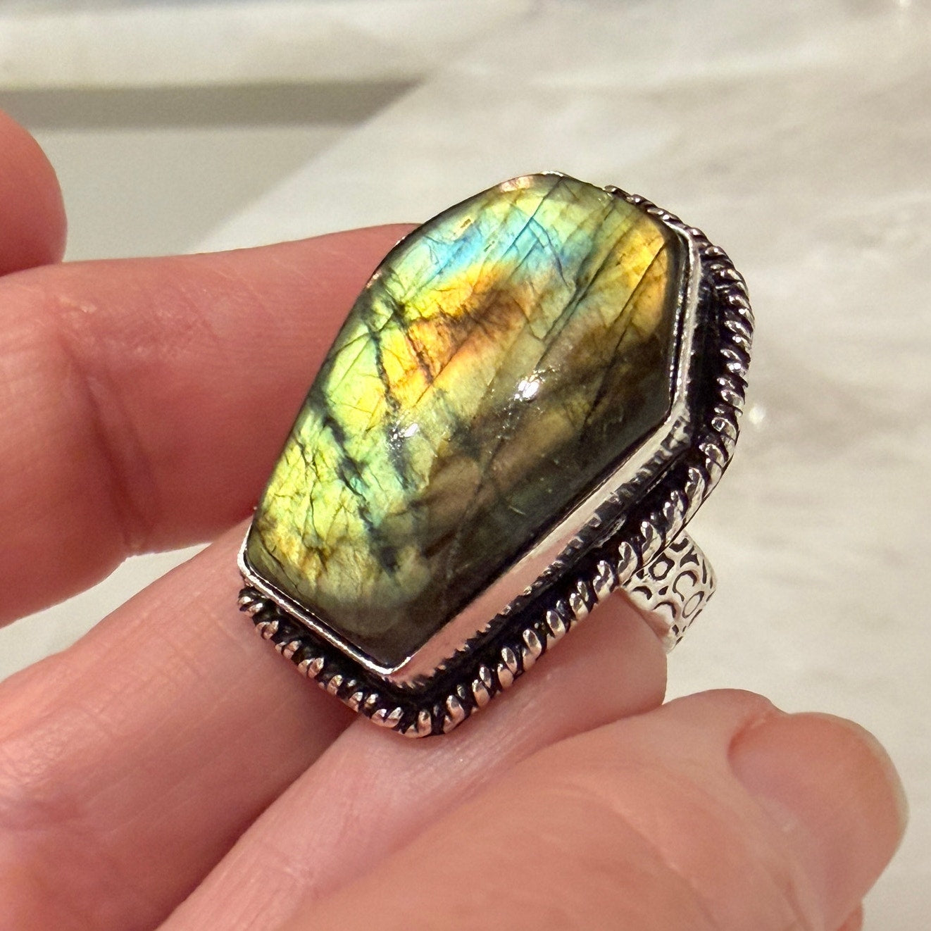Coffin Labradorite Ring Size 9 Silver Plated Fiery Flash Statement