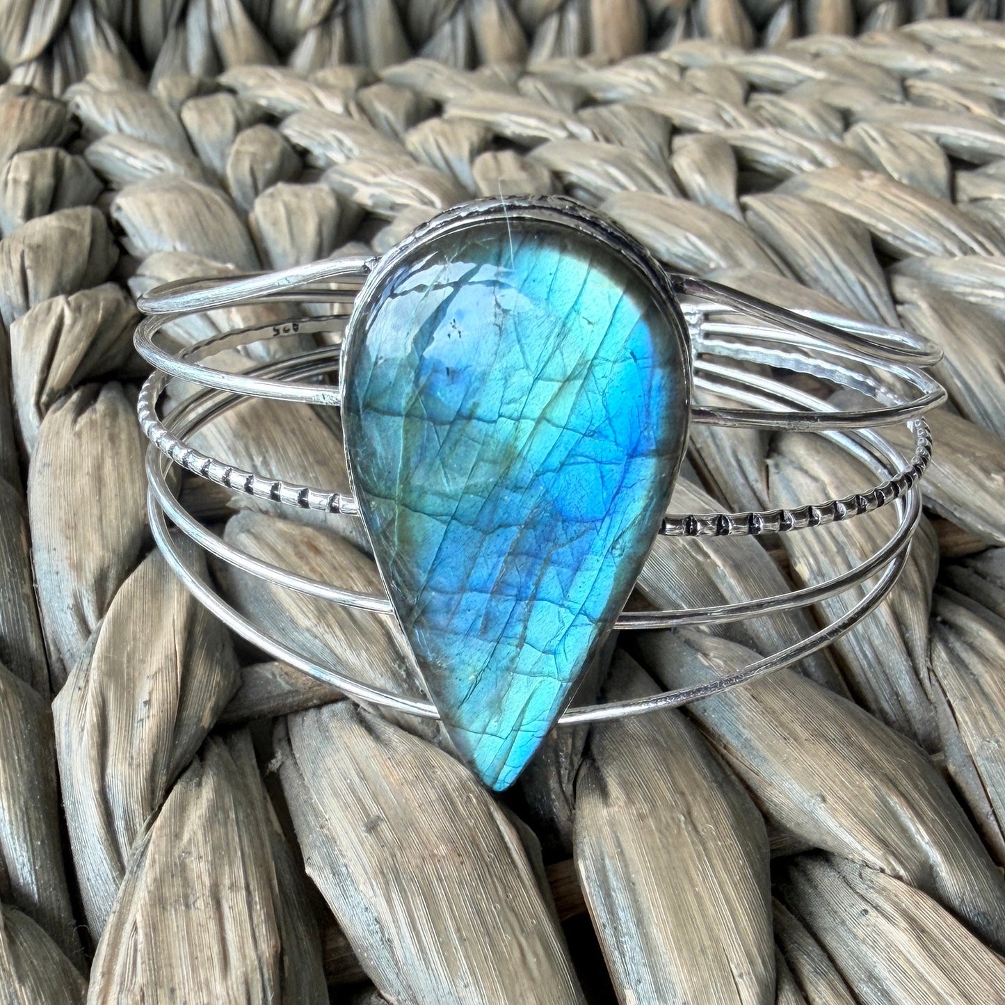 Large Labradorite Cuff Bracelet Silver Plated Blue Flash Adjustable