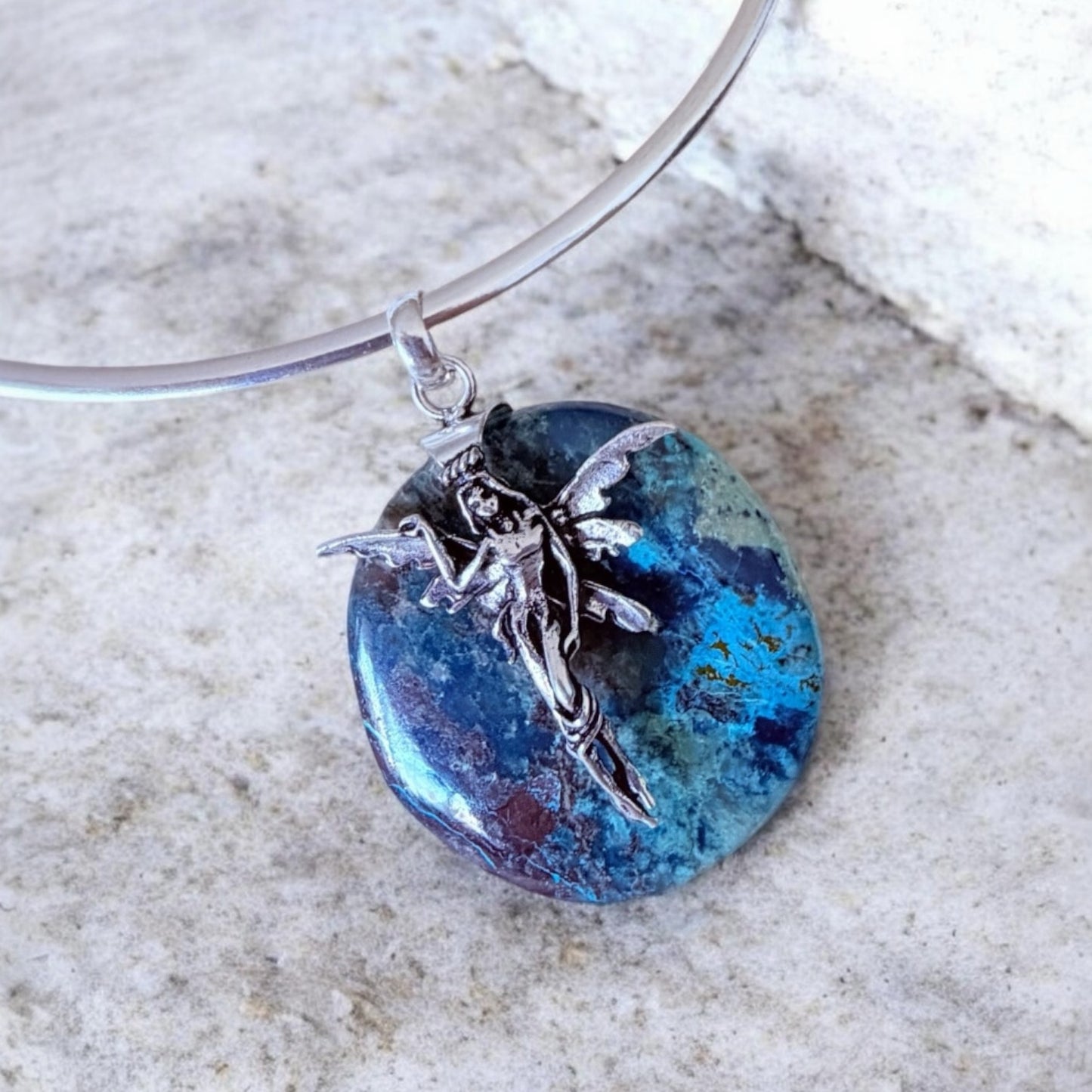 Fairy Chrysocolla Pendant Sterling Silver Overlay Collar Choker