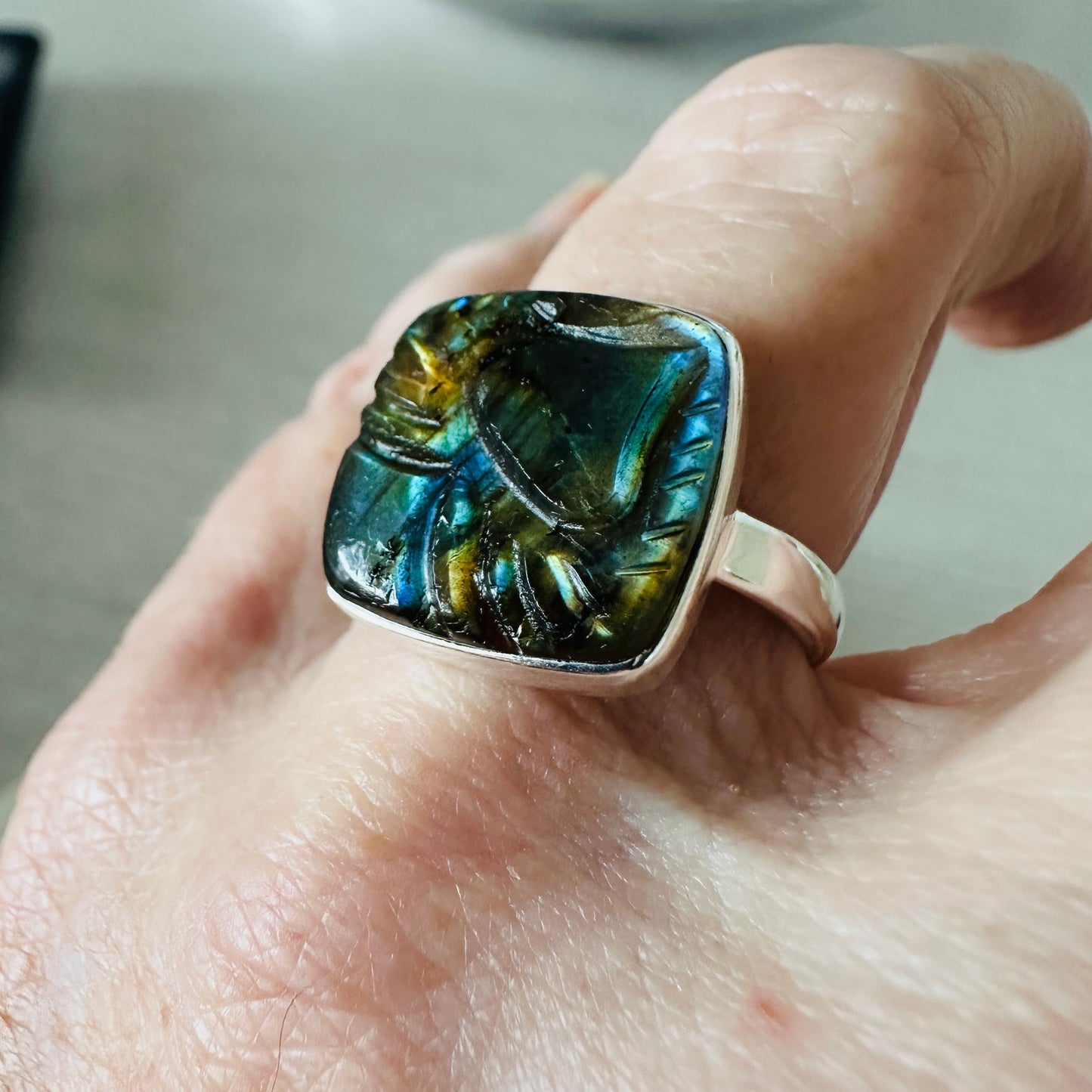 Natural Carving Labradorite Madagascar Sterling Silver Ring Size 9