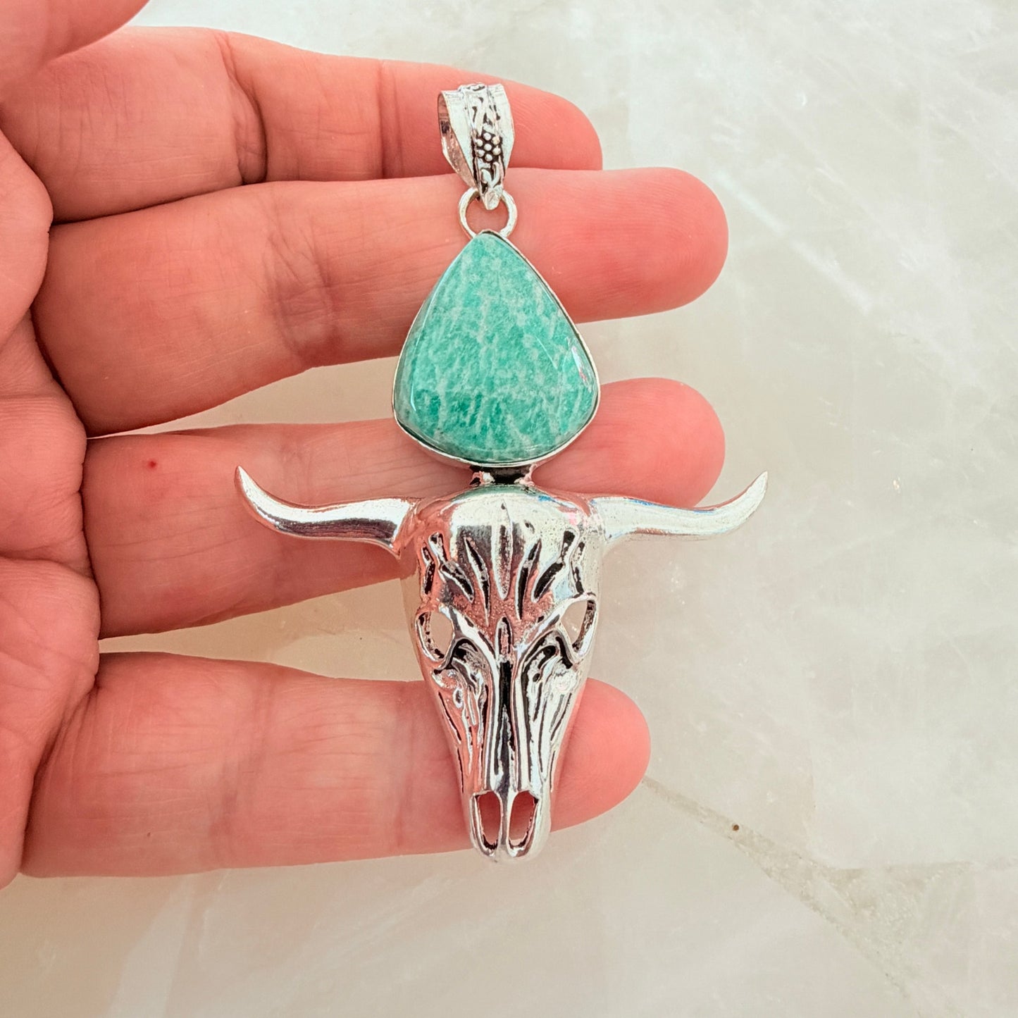 Amazonite Bull Skull Pendant 925 Plated Longhorn Western