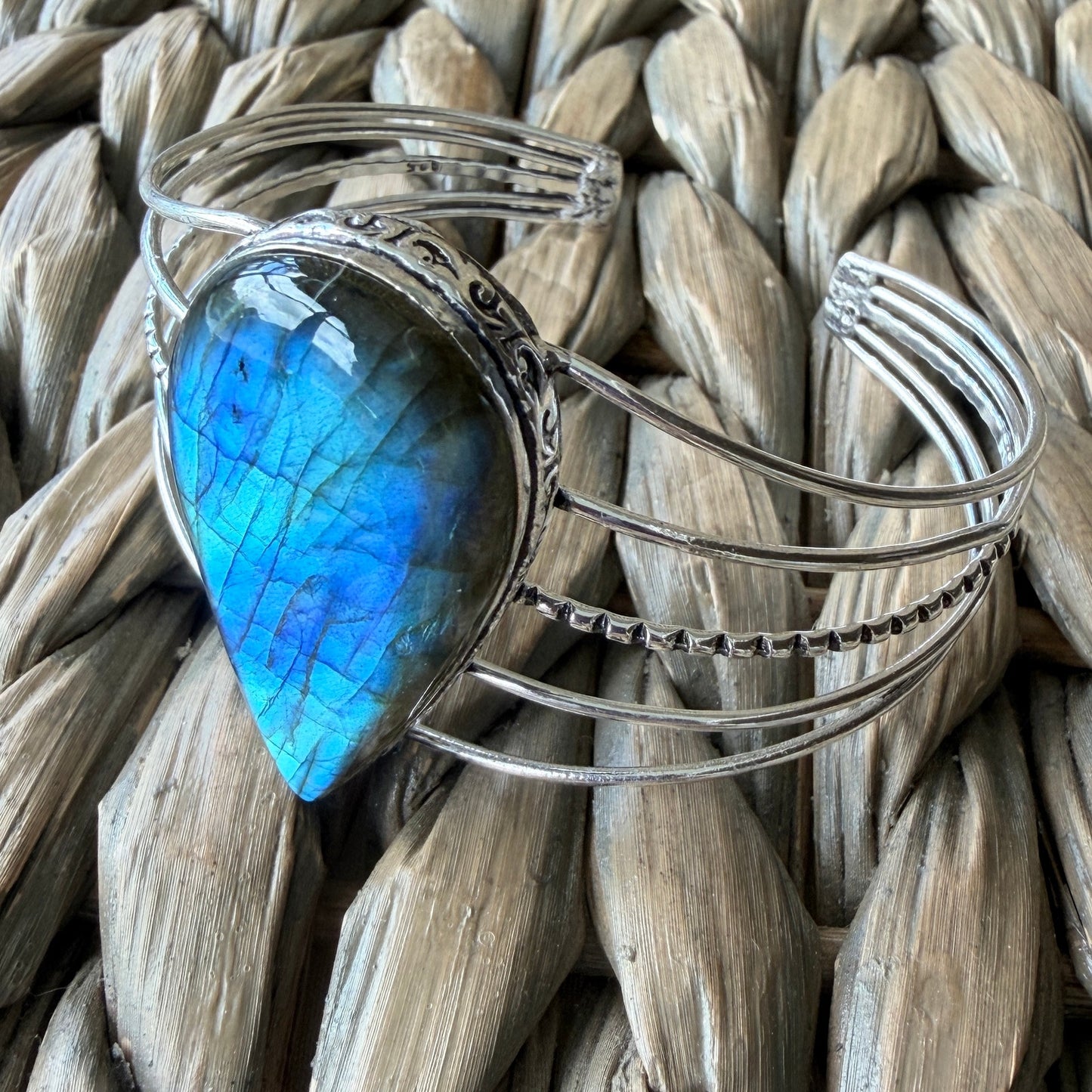 Large Labradorite Cuff Bracelet Silver Plated Blue Flash Adjustable