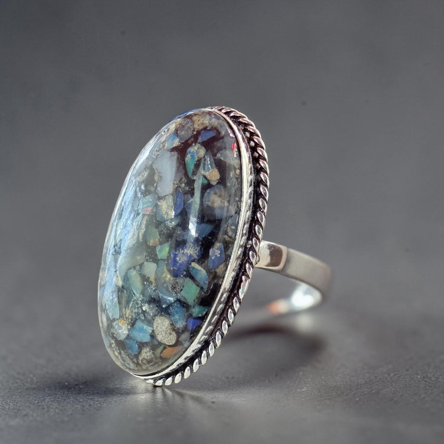 Ethiopian Opal Chip Inlay 925 Silver Plated Ring