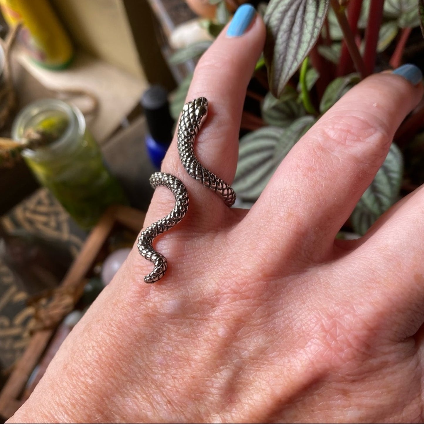 Stainless Steel Slithering Snake Ring- Red CZ Eyes