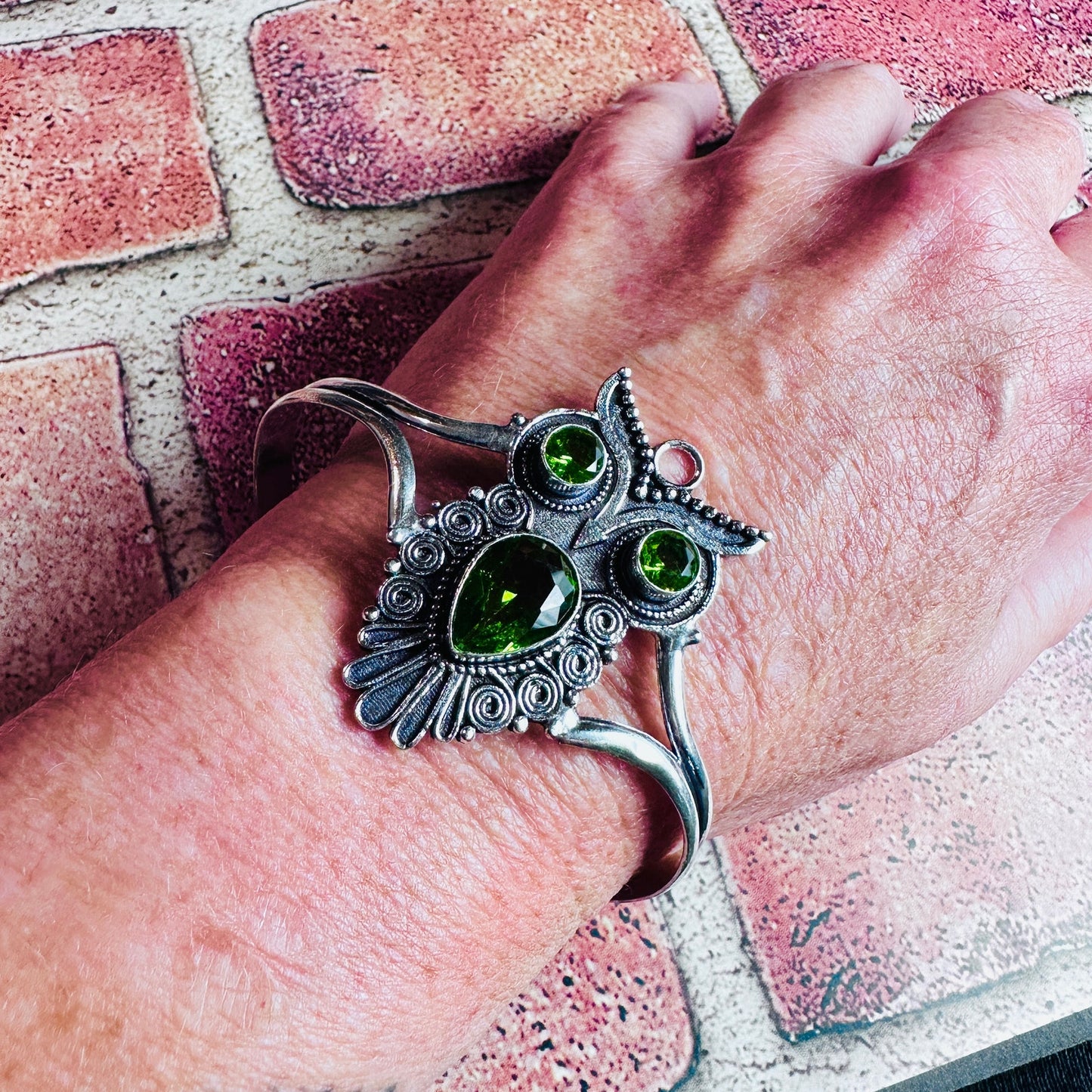 Peridot 925 Silver Plated Vintage Owl Adjustable Cuff Bangle Bracelet