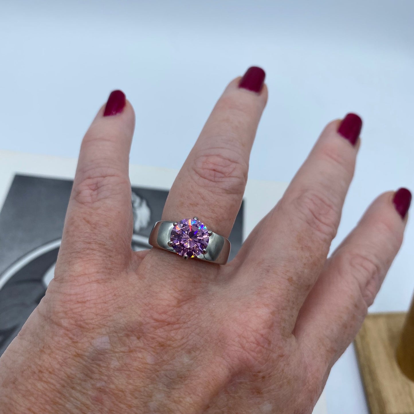 Pink CZ Solitaire Stainless Steel Ring