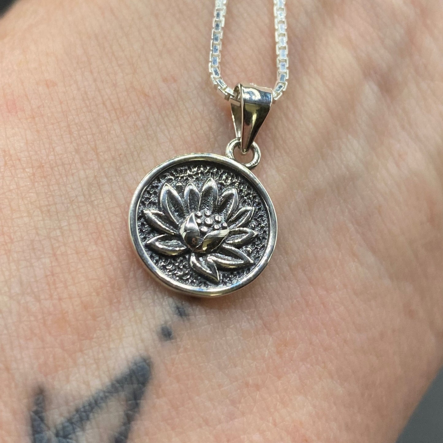 Lotus Flower Sterling Silver Disc Pendant Necklace