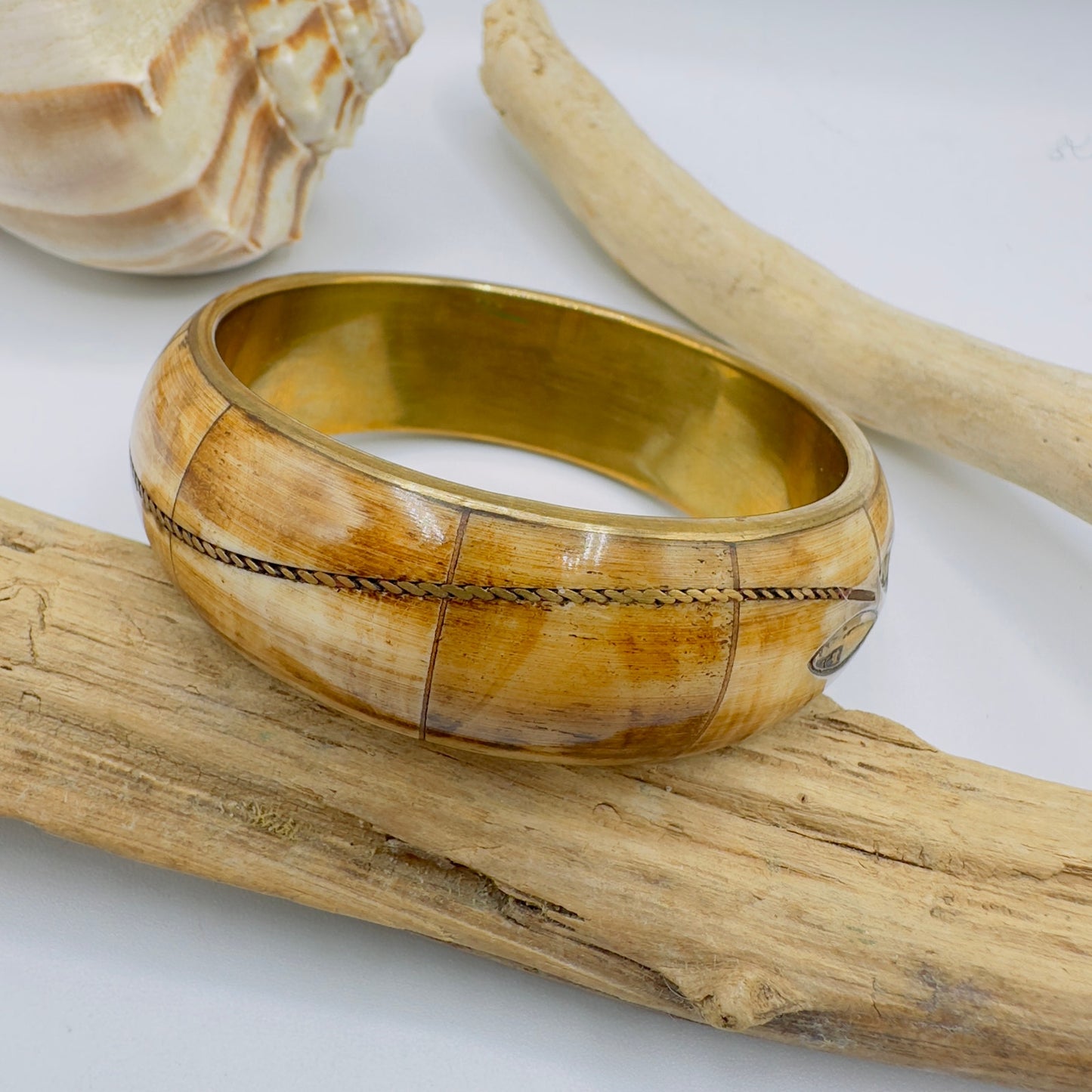 Vintage Brass & Bone Bangle Bracelet