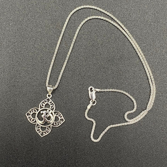 Om Religious Symbols Sterling Silver Pendant Necklace, Popcorn Chain