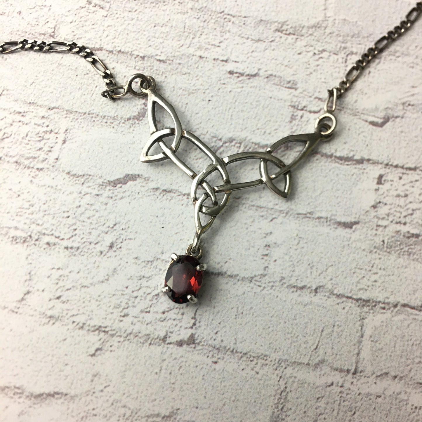 Vintage Sterling Silver Celtic Knot Necklace With Deep Garnet Drop