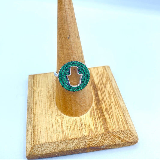 Hamsa Sterling Silver Pave Set Green CZ Ring Size 8.5