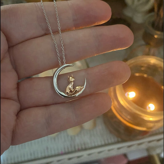 Fox and Crescent Moon Sterling Silver and Rose Gold Necklace