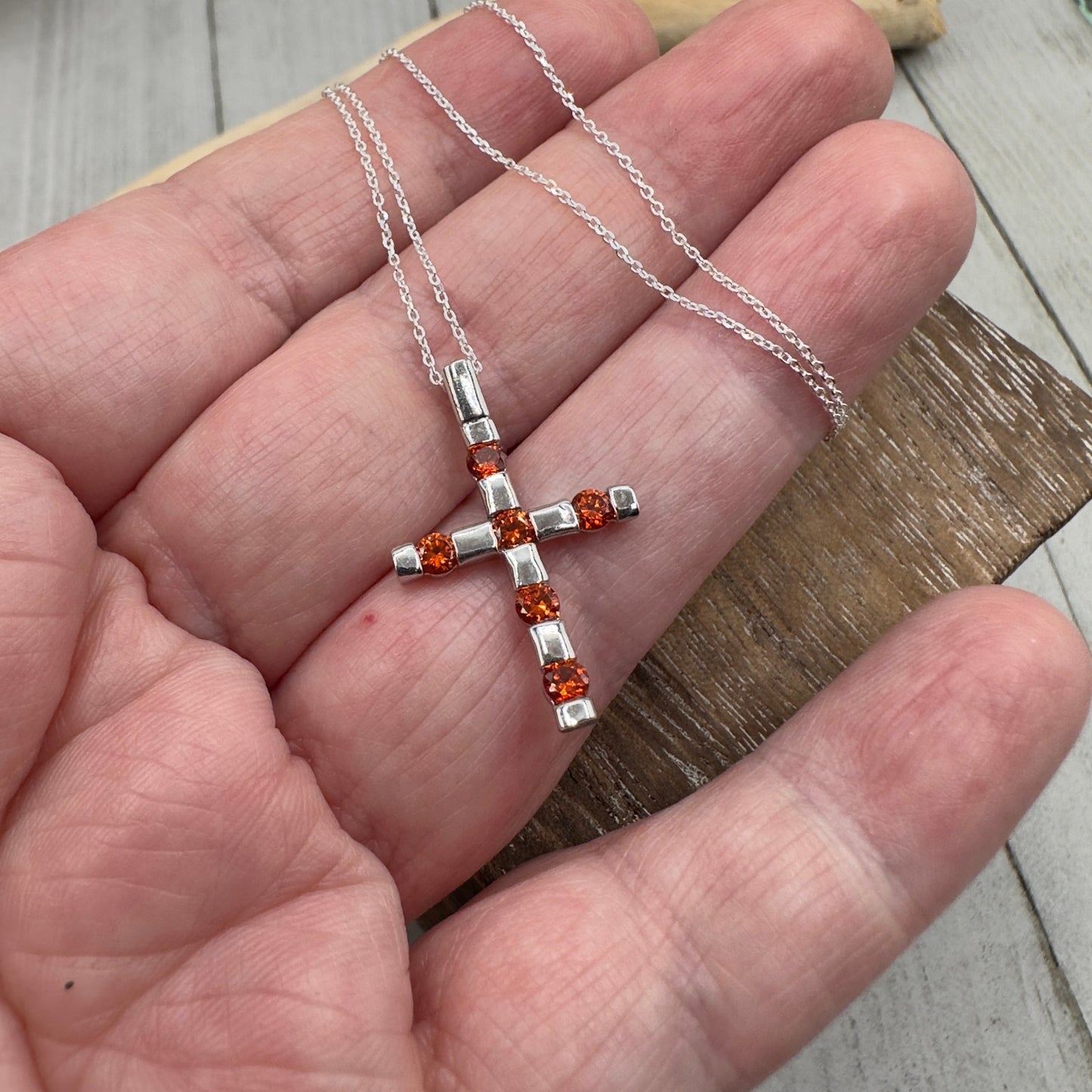 Garnet CZ Sterling Silver Cross Necklace