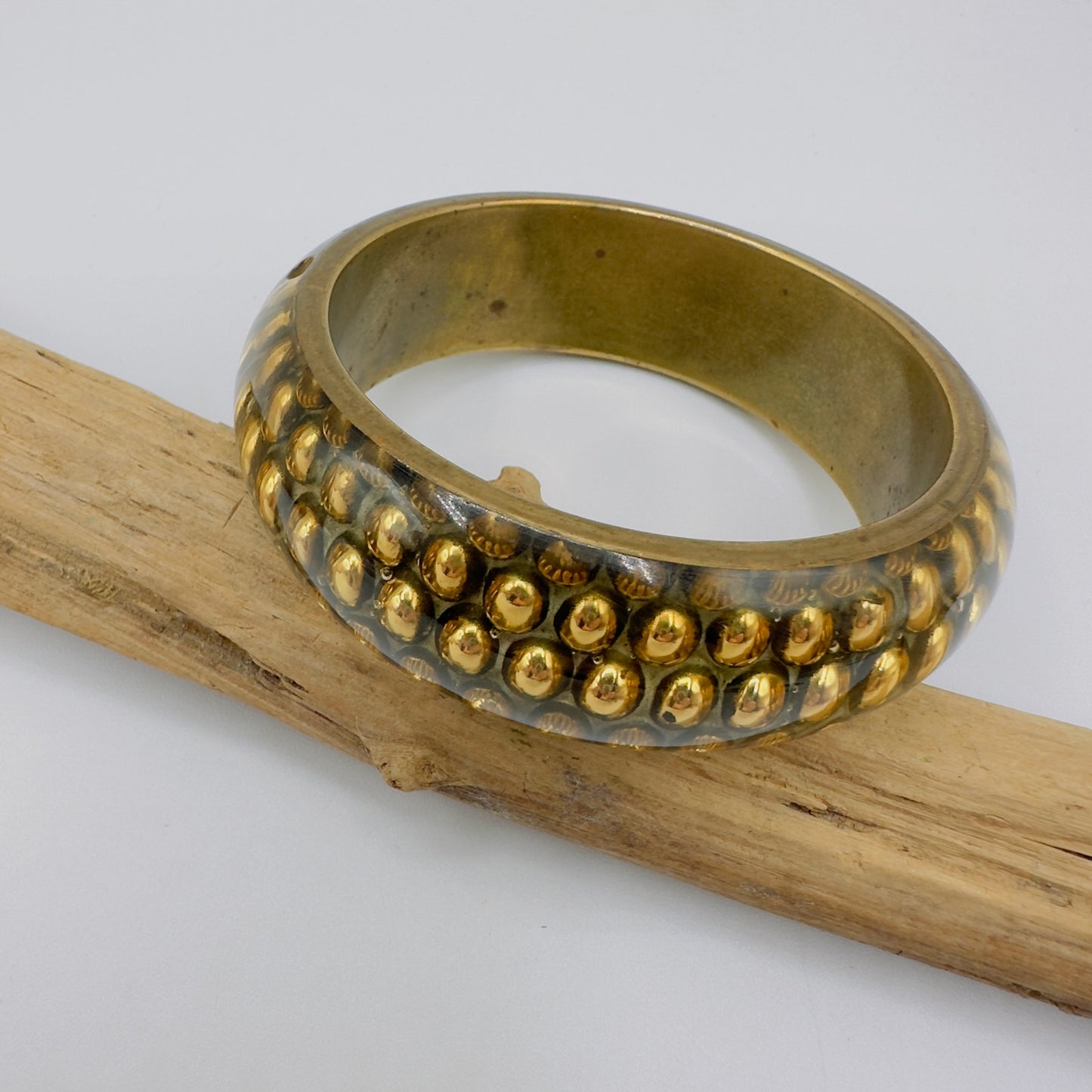 Vintage Lucite Resin Gold Ball & Brass Bangle Bracelet