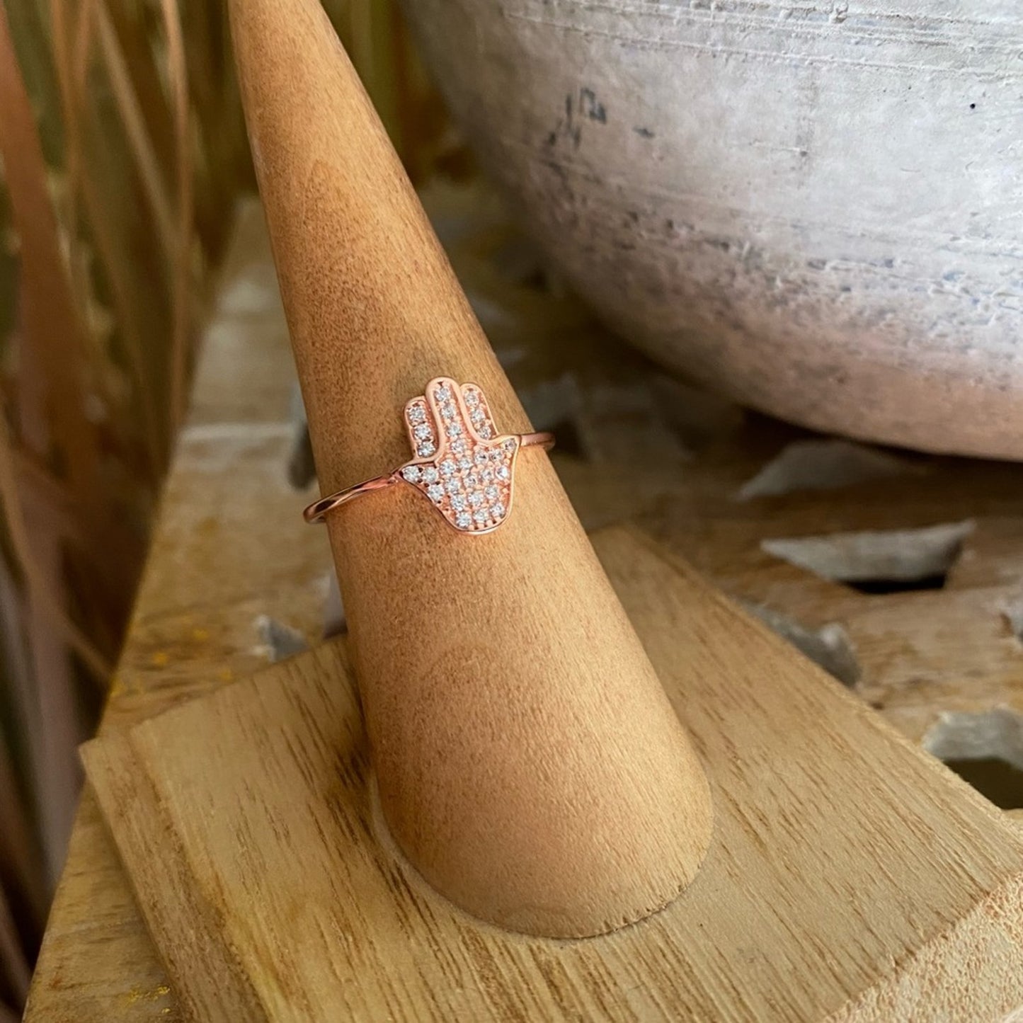 Hamsa Micro Pave CZ Diamond 14k Rose Gold Sterling Silver Ring