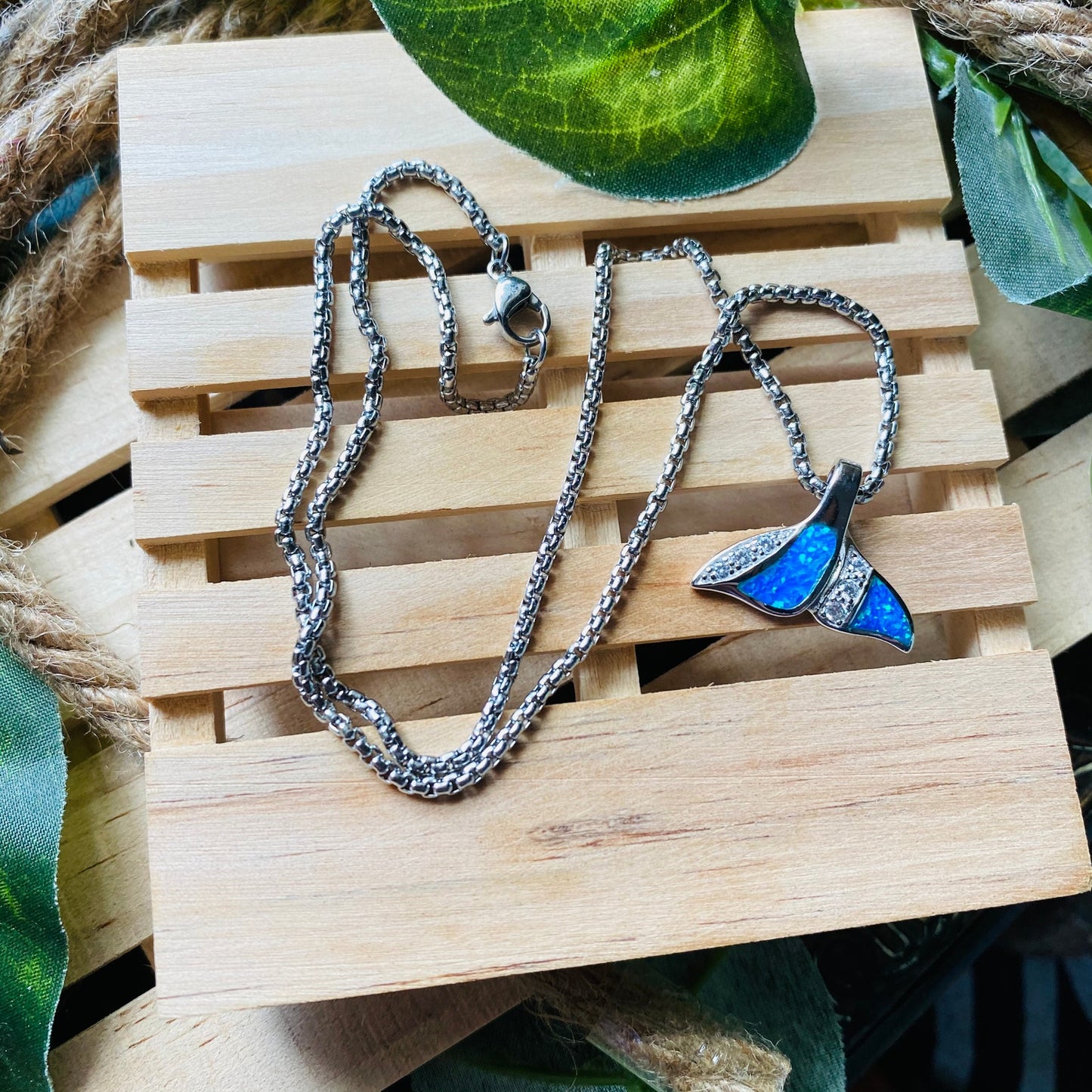Sterling Silver Blue Opal CZ Whale Tail Pendant on Stainless Steel Chain