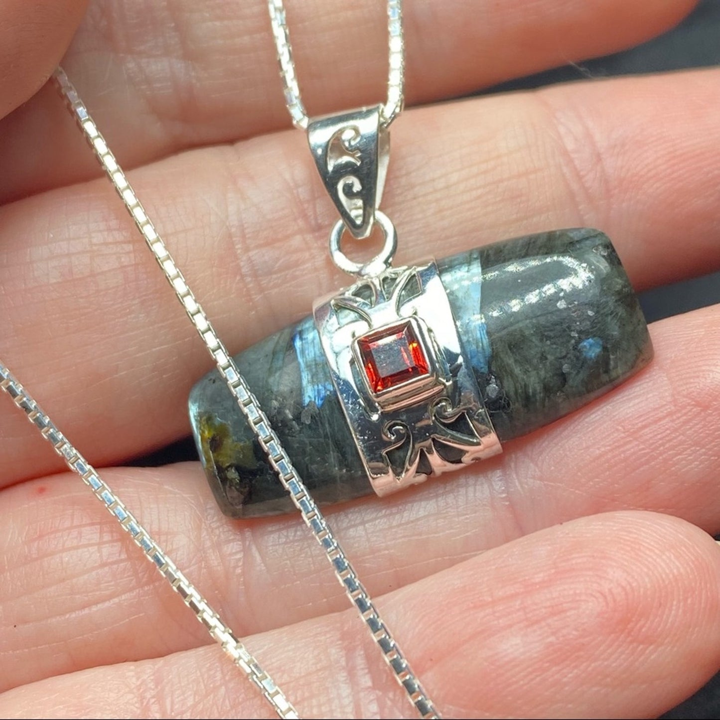 Larvikite Black Moonstone & Garnet Pendant Sterling Silver Necklace 18