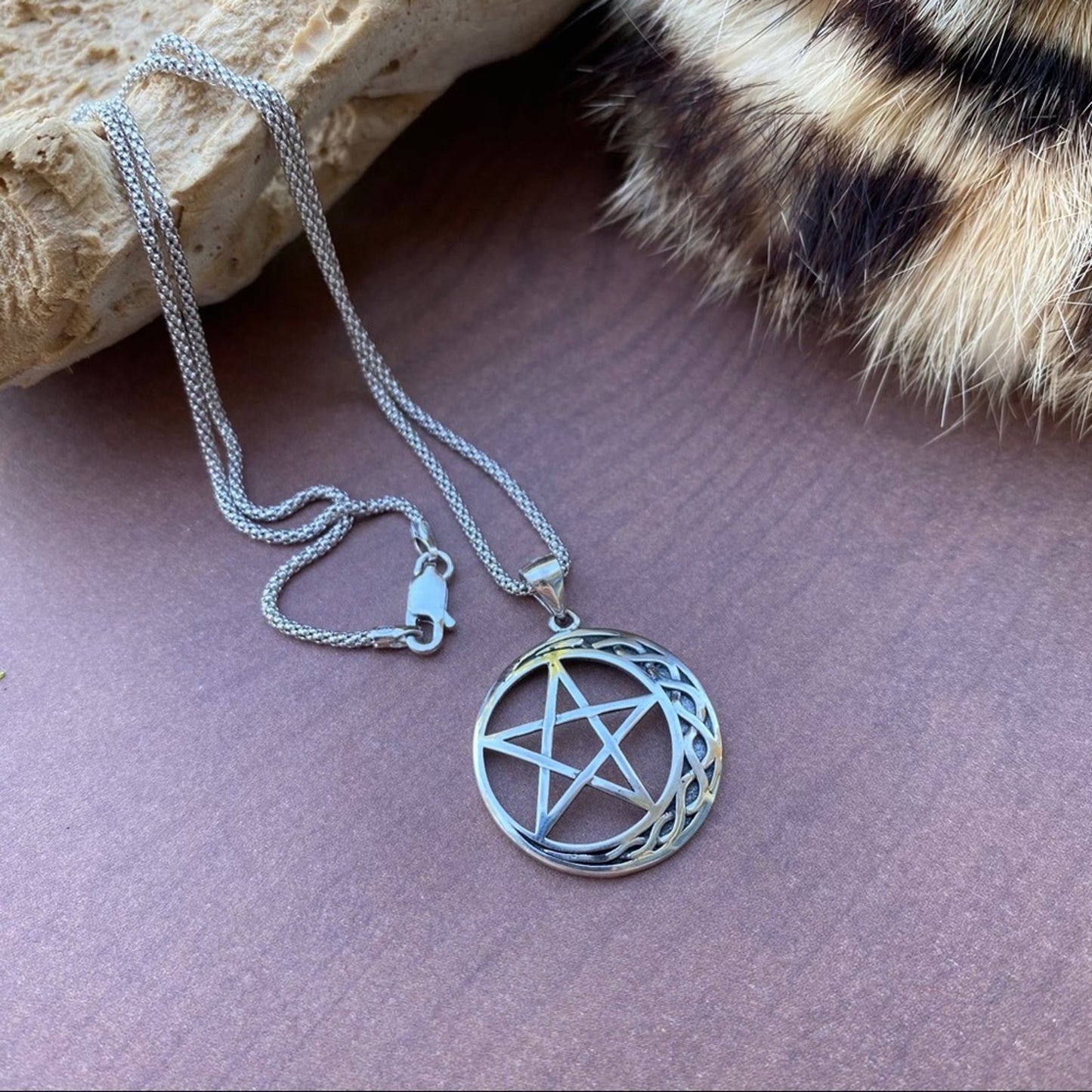 Celtic Crescent Moon And Star Sterling Silver Necklace Popcorn Chain