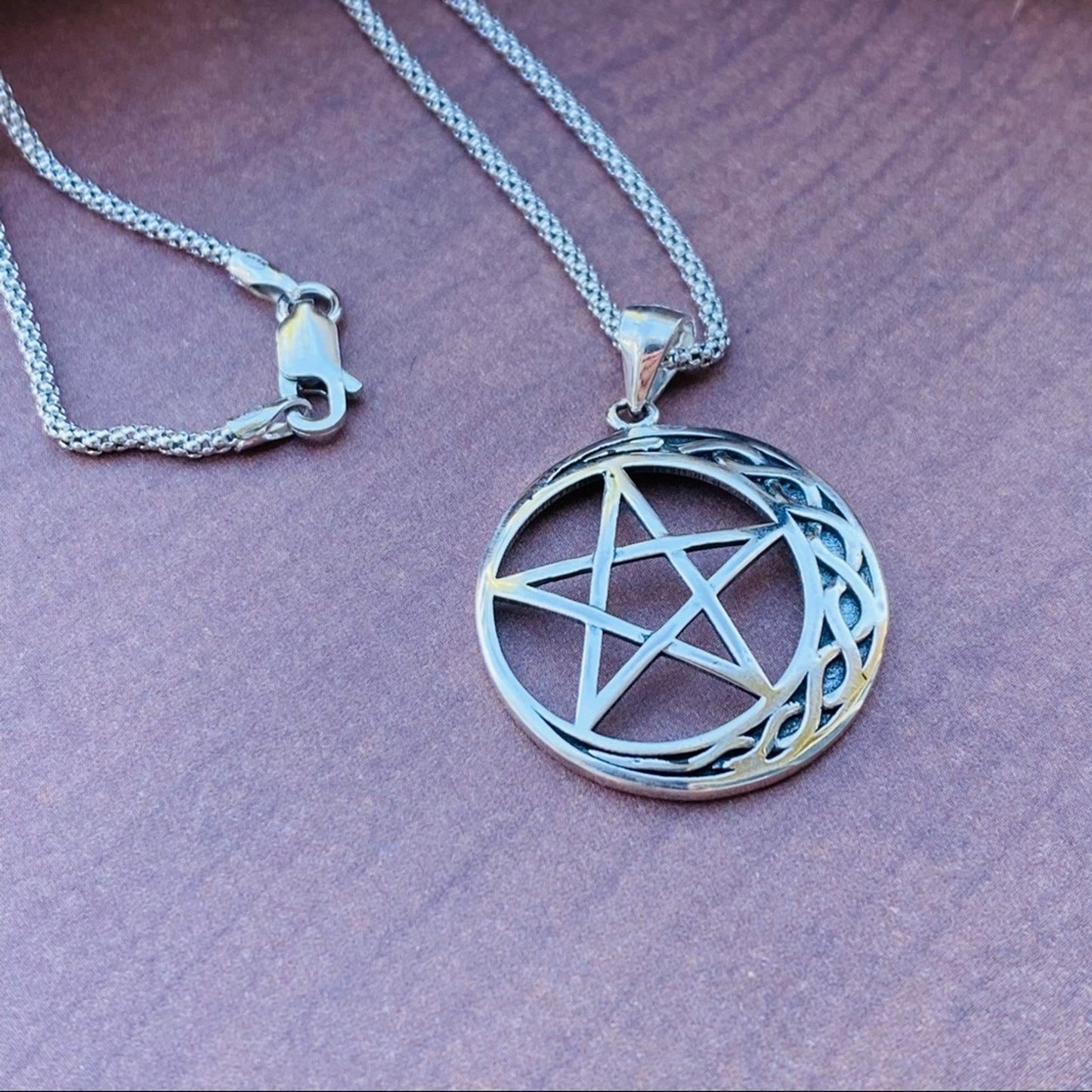 Celtic Crescent Moon And Star Sterling Silver Necklace Popcorn Chain