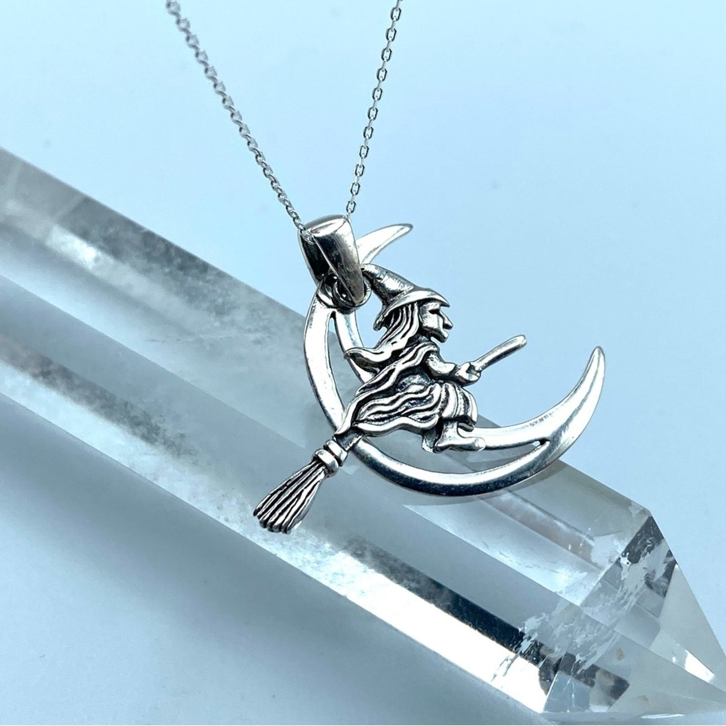 Moving Witch On Broomstick Crescent Moon Sterling Silver Necklace