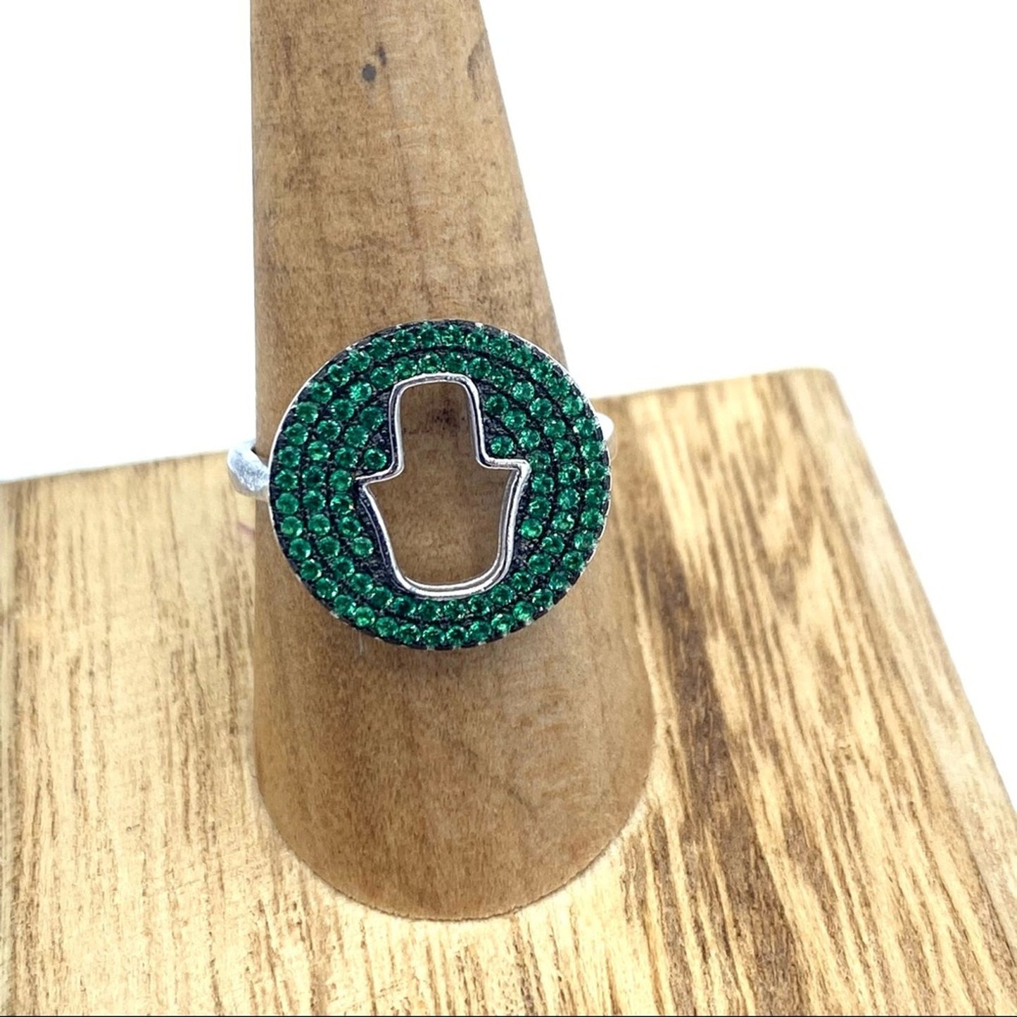 Hamsa Sterling Silver Pave Set Green CZ Ring Size 8.5