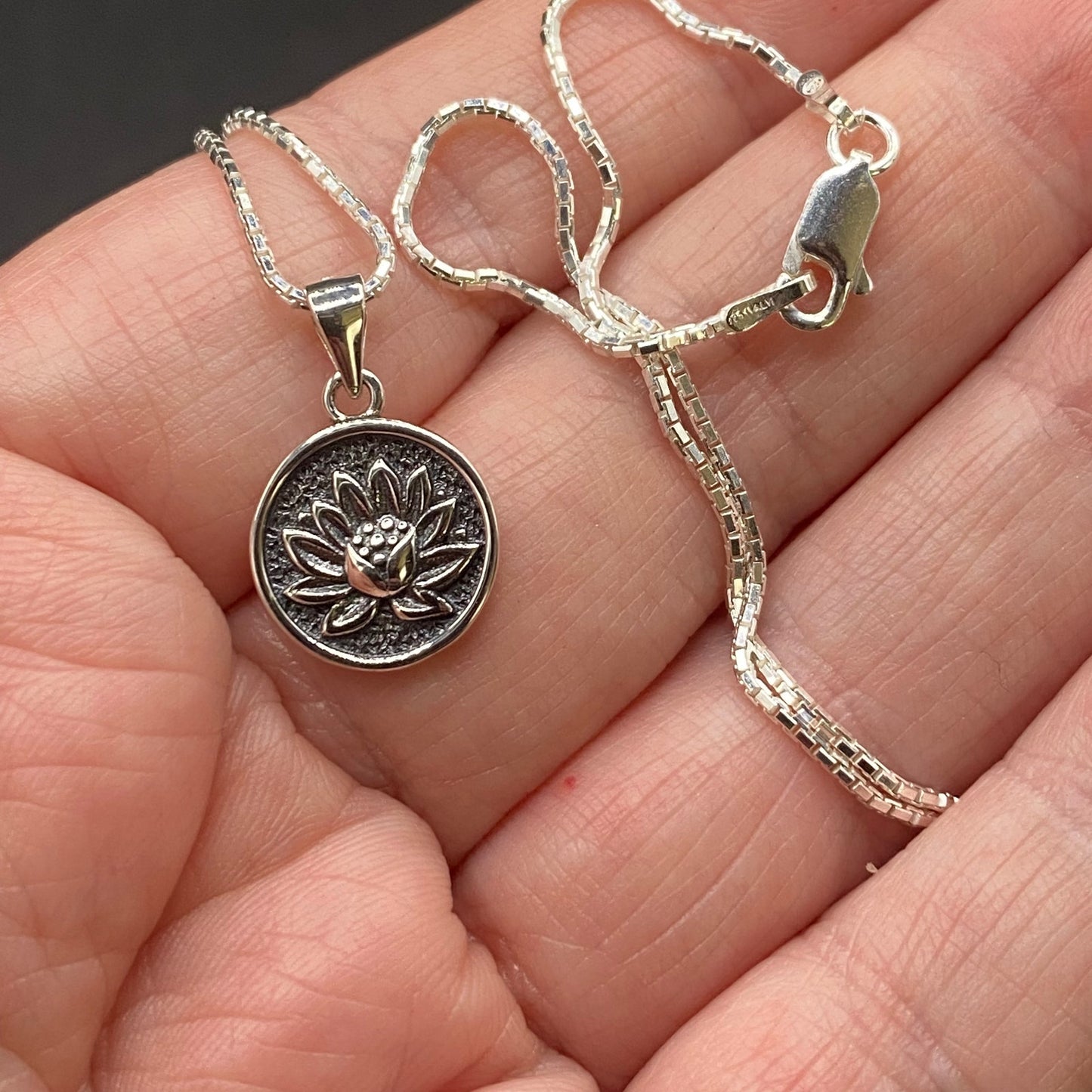 Lotus Flower Sterling Silver Disc Pendant Necklace