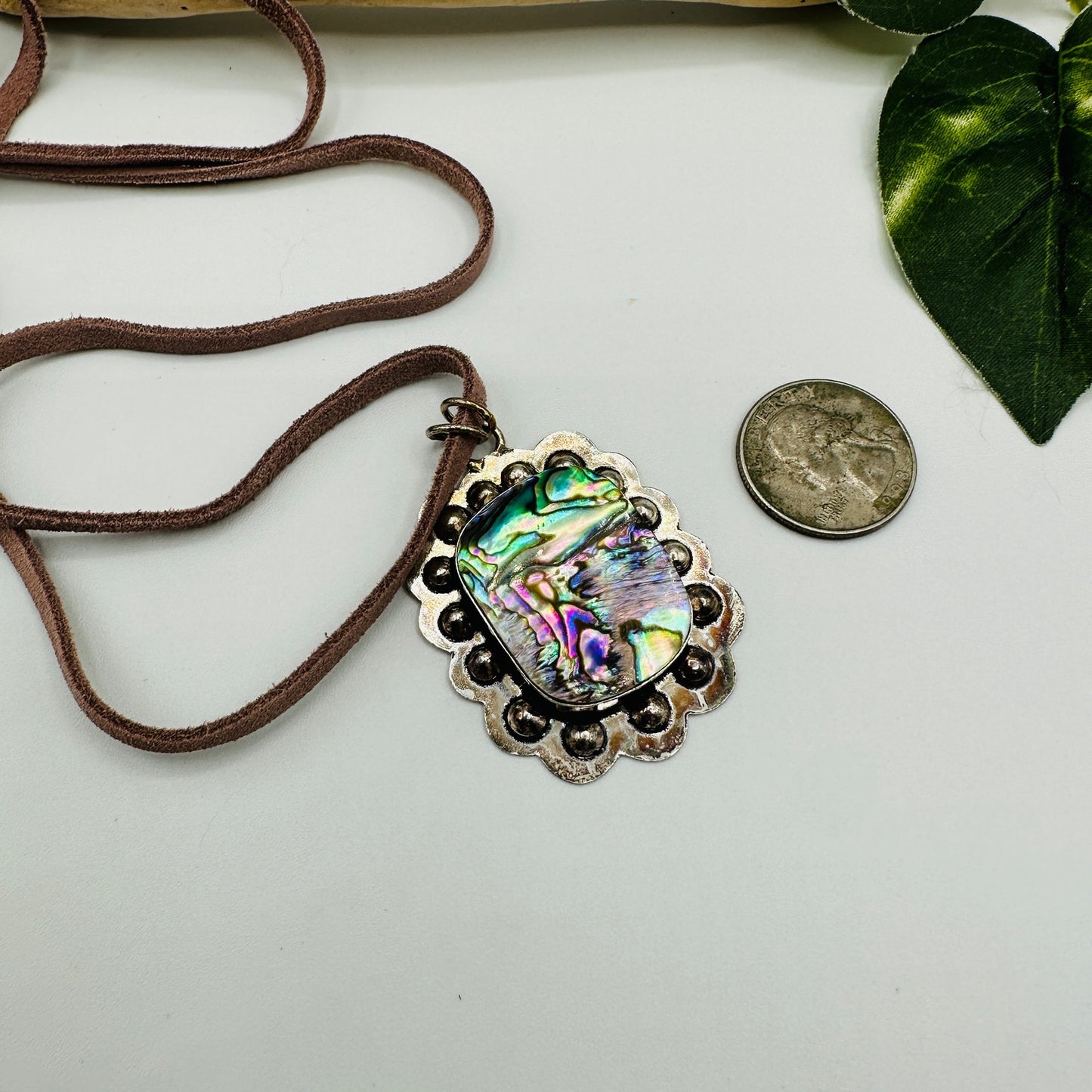 Abalone Shell Silver-Plated Boho Necklace on Suede Leather Cord