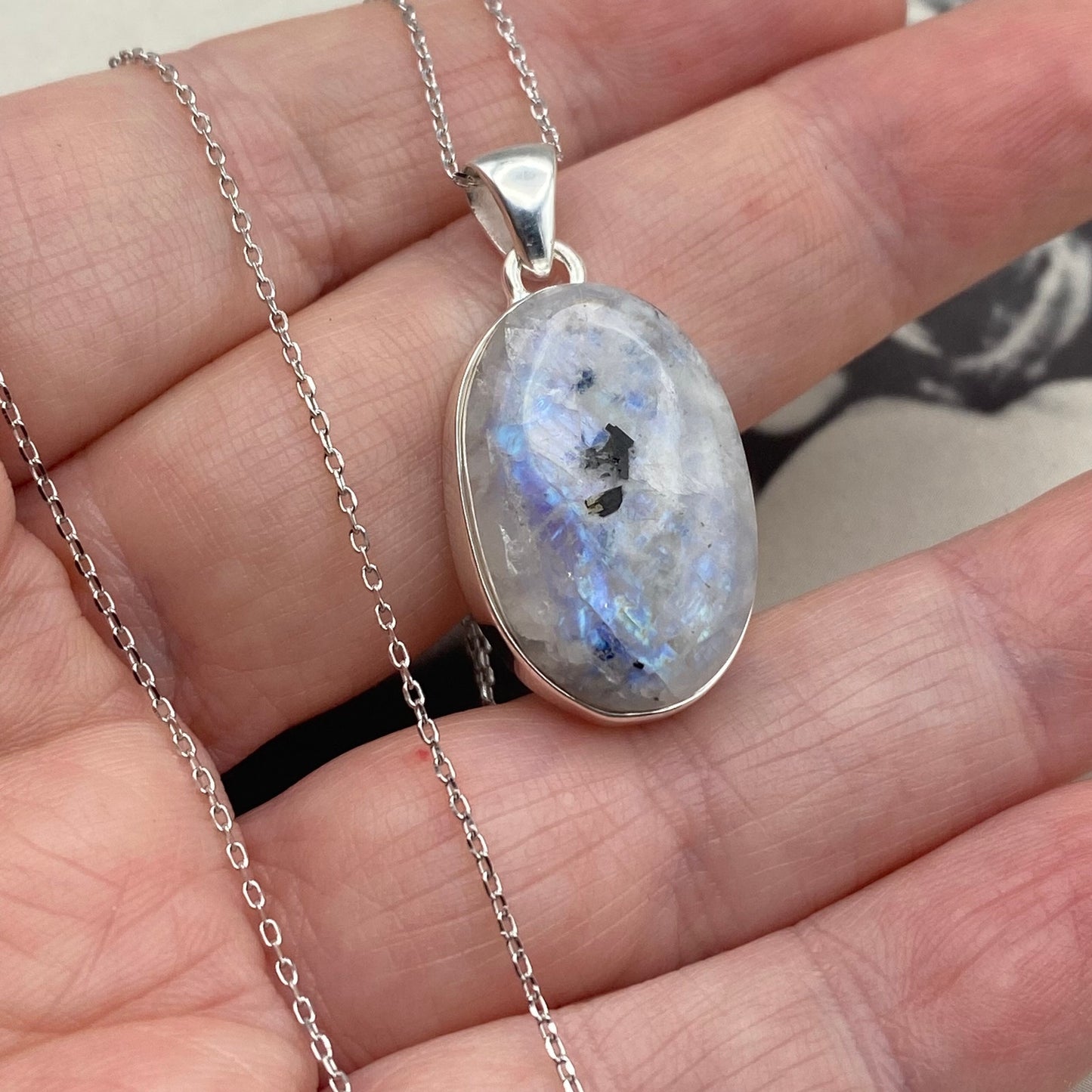 Natural Rainbow Moonstone And Quartz Sterling Silver Necklace