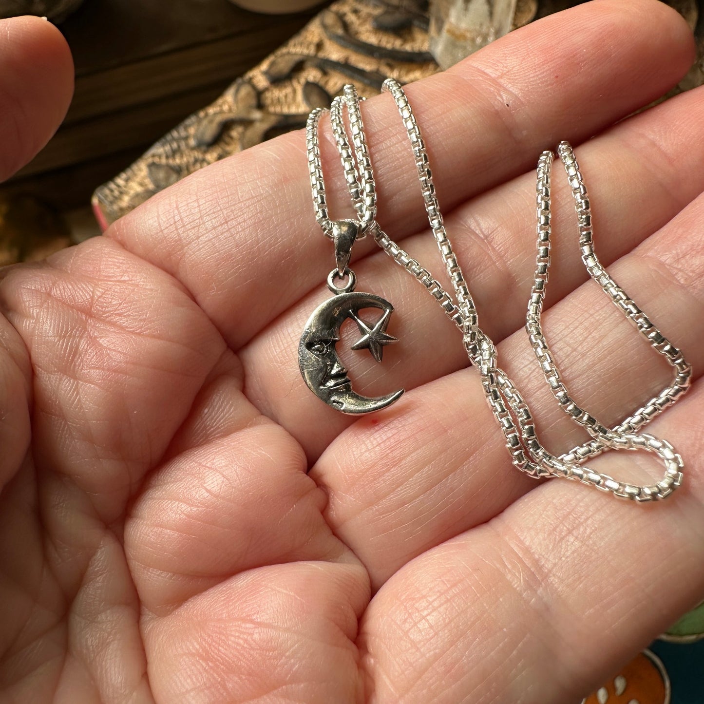 Moon & Star Rounded Box Chain Sterling Silver Necklace