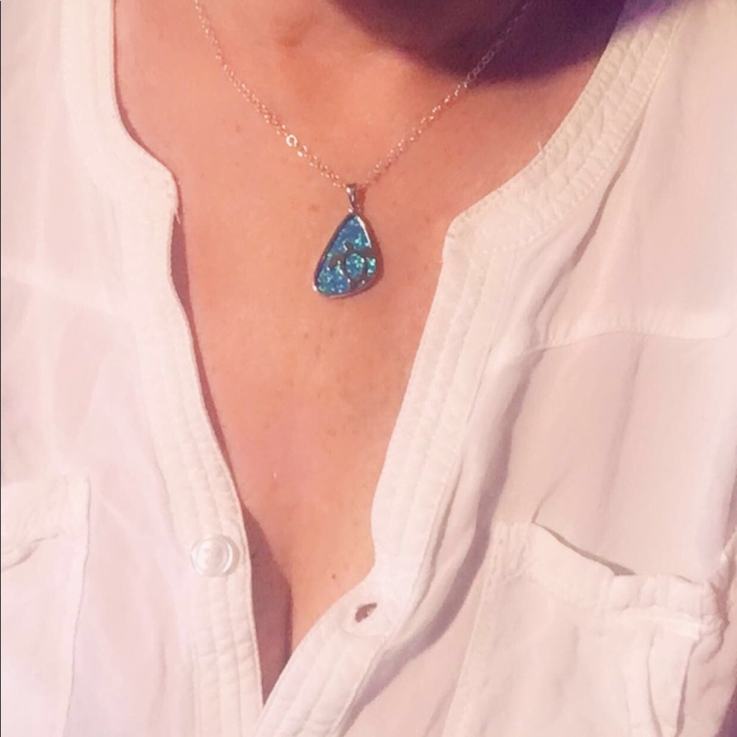 Sterling Silver Lab opal Turtle Necklace