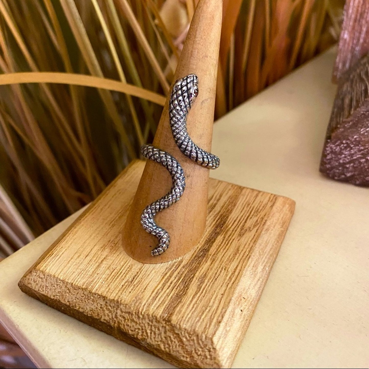 Stainless Steel Slithering Snake Ring- Red CZ Eyes