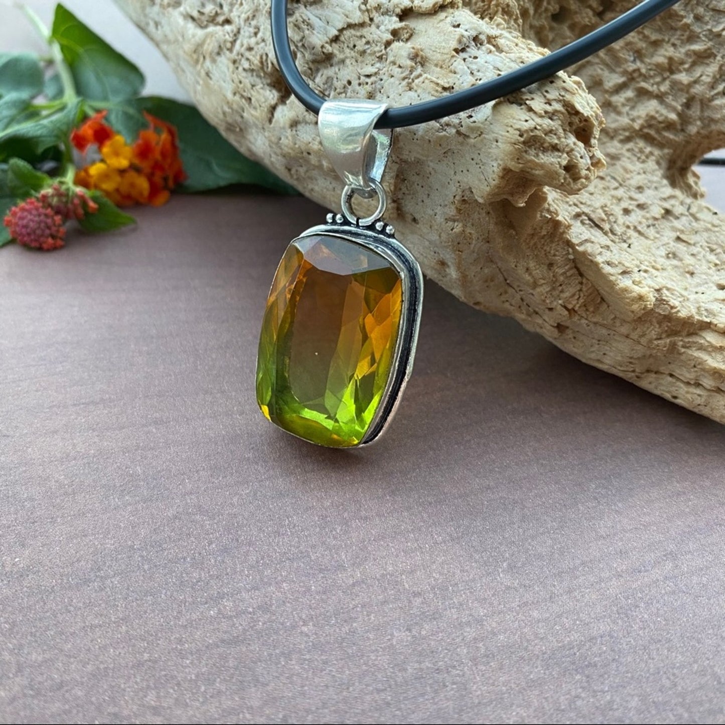 Bi-Color Tourmaline Sterling Plated Pendant Necklace