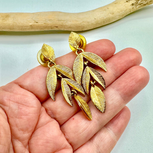 Vintage Napier Leaf Dangle Gold Plated Pierced Earrings