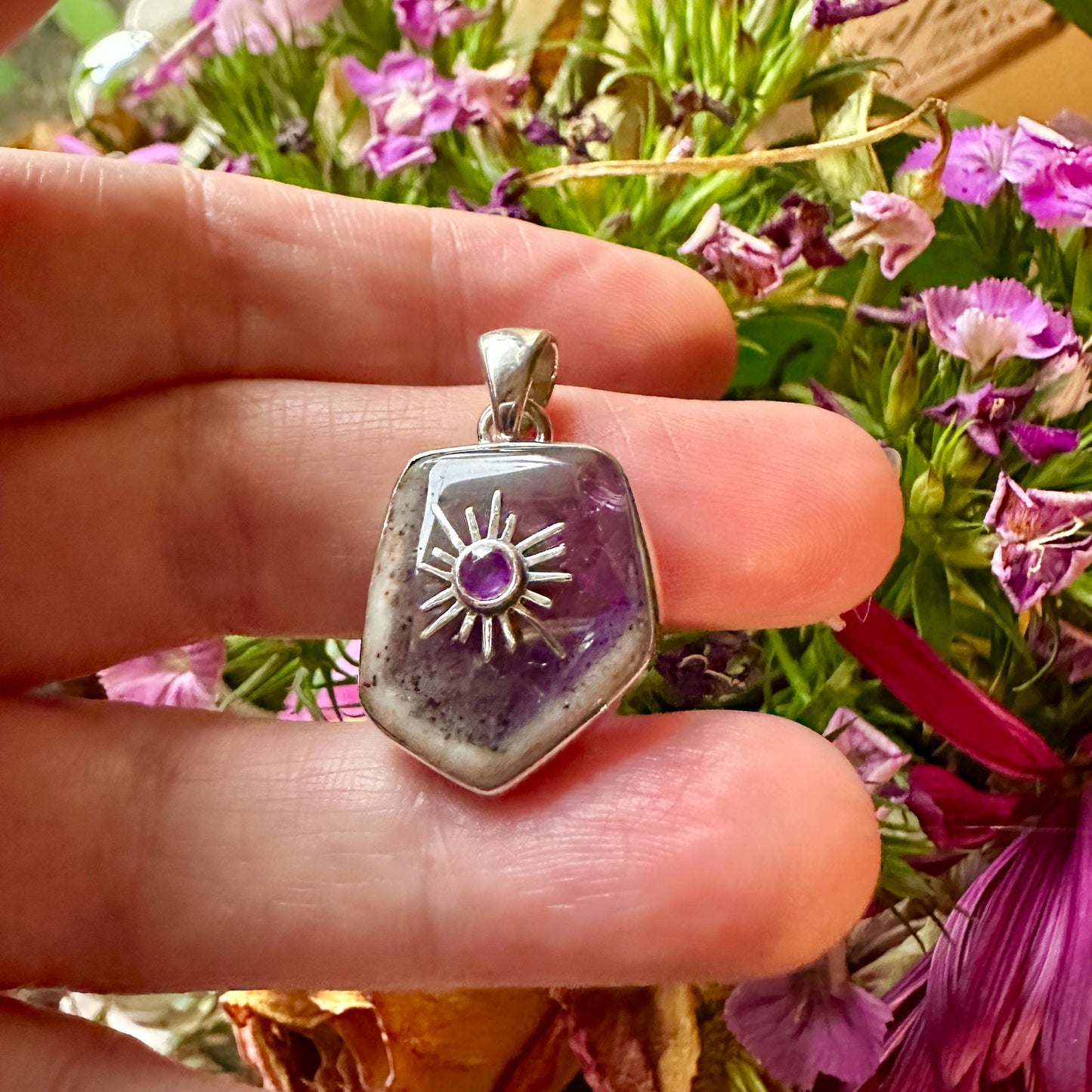 Natural Super Amethyst 23 Sterling Silver Sun Pendant