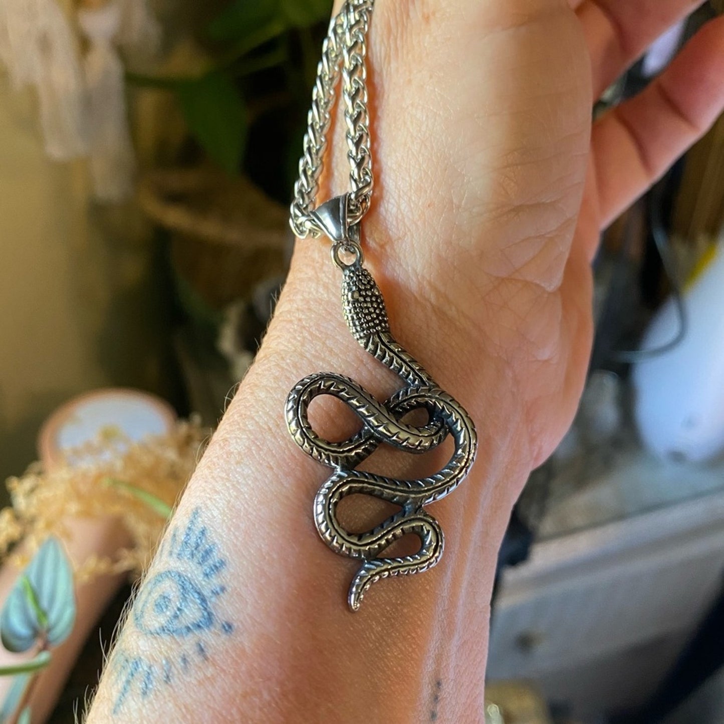 Snake Stainless Steel Wheat Chain Necklace, Unisex Snake Jewelry