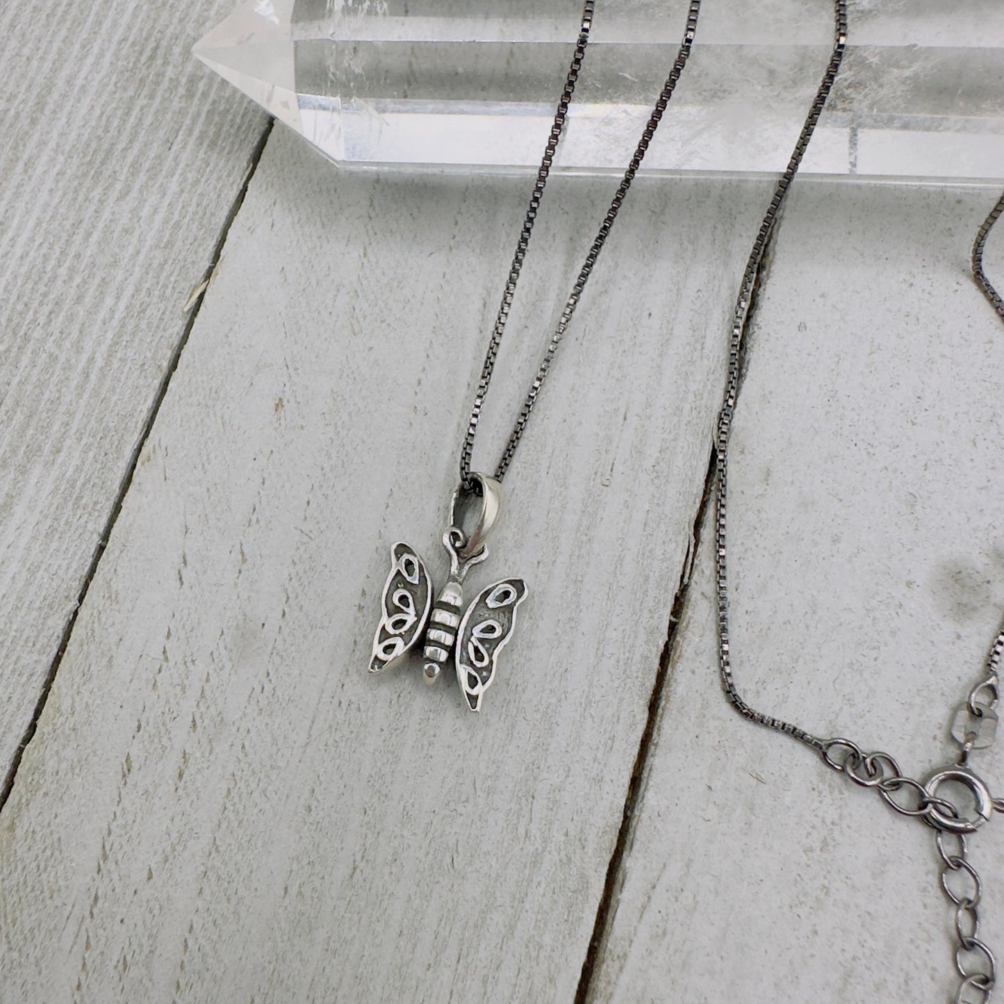 Sterling Silver Butterfly Necklace Black Rhodium Sterling Box Chain