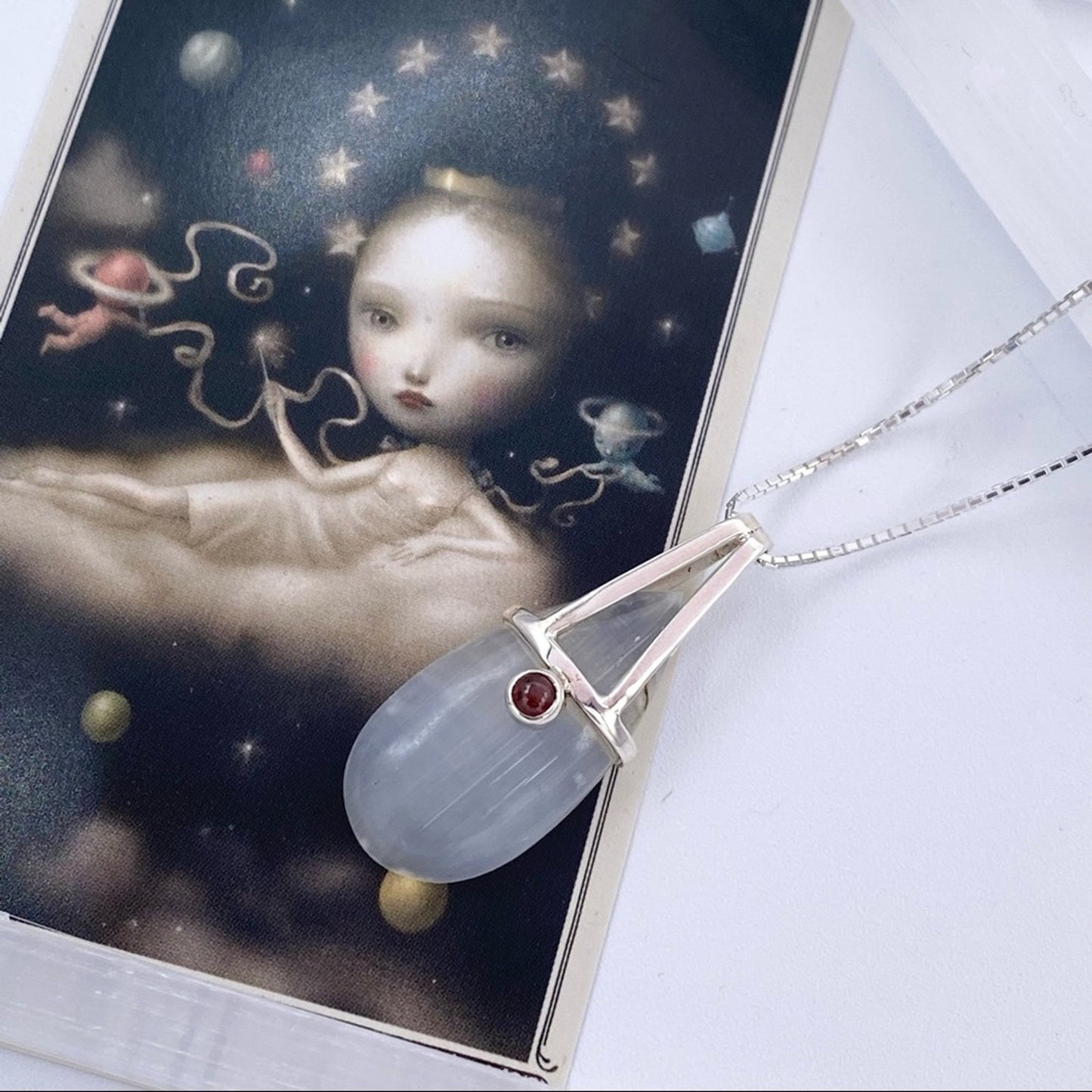 Selenite And Garnet Pendant on Diamond Cut Box Chain