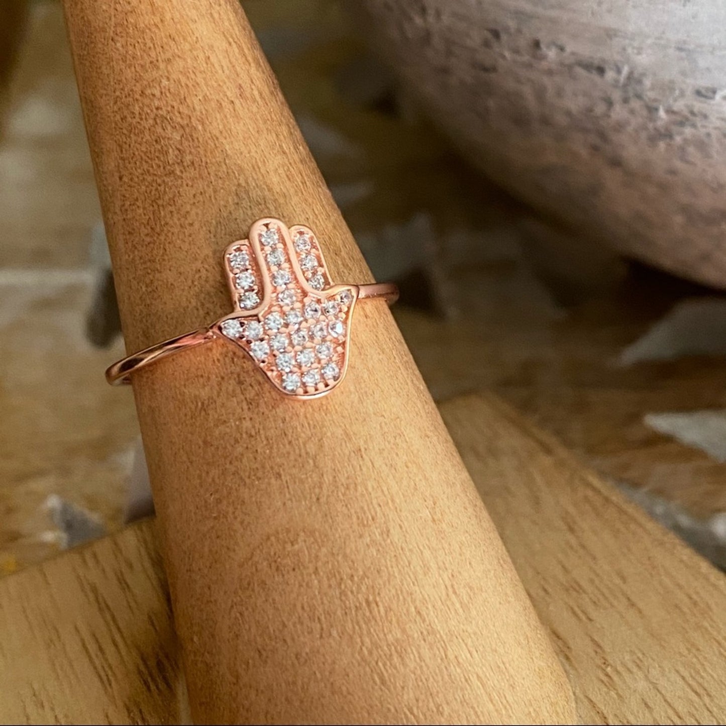 Hamsa Micro Pave CZ Diamond 14k Rose Gold Sterling Silver Ring