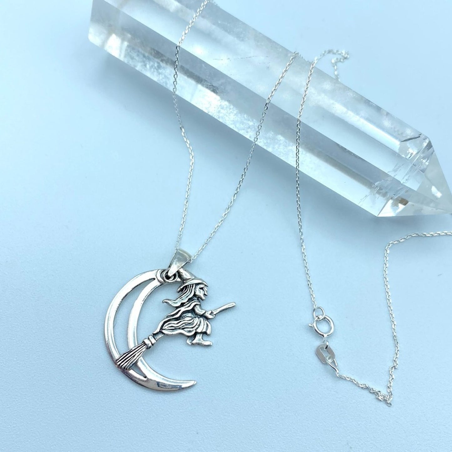 Moving Witch On Broomstick Crescent Moon Sterling Silver Necklace