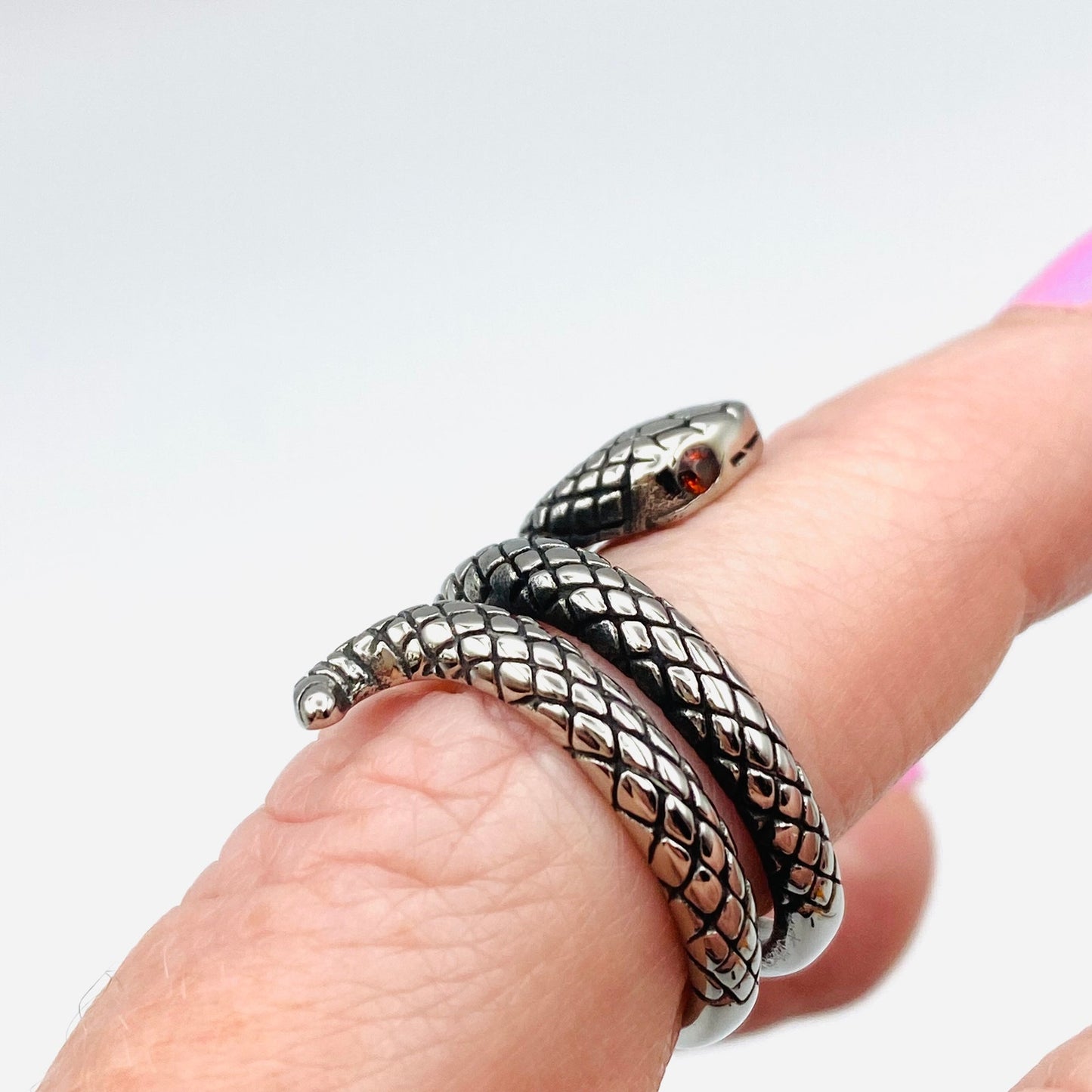 Snake Stainless Steel Ring With Red CZ Eyes