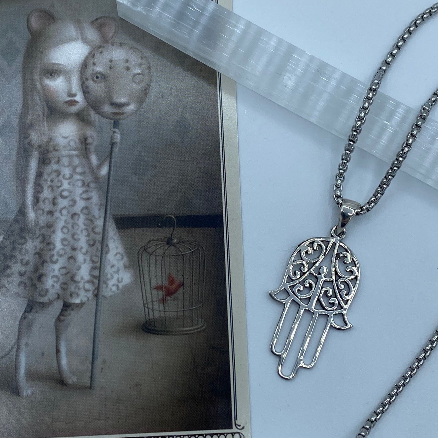 Hamsa Sterling Silver Pendant On Stainless Steel Rounded Box Chain