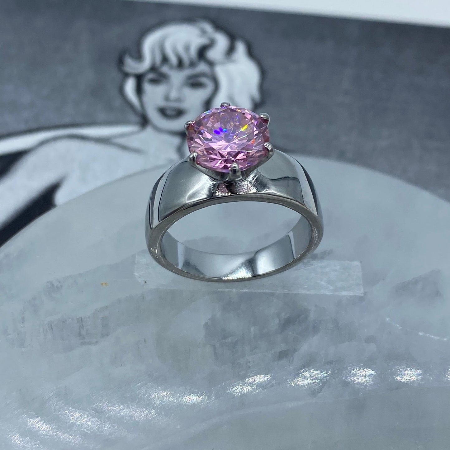 Pink CZ Solitaire Stainless Steel Ring