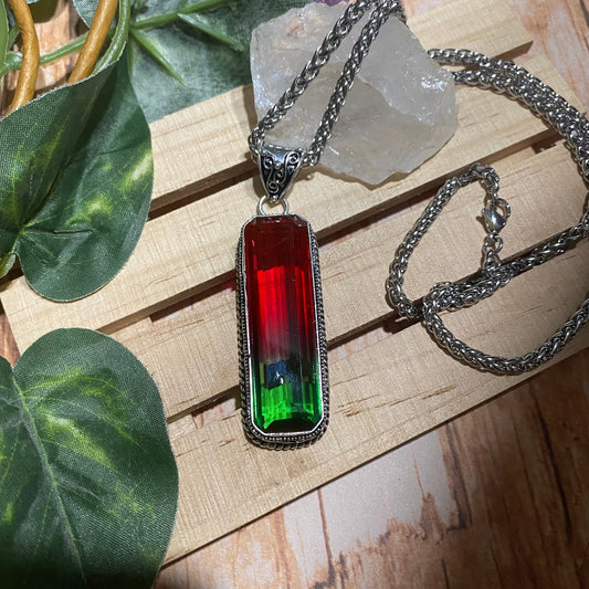 Bi-Color Tourmaline Red Green Sterling Silver Pendant Necklace