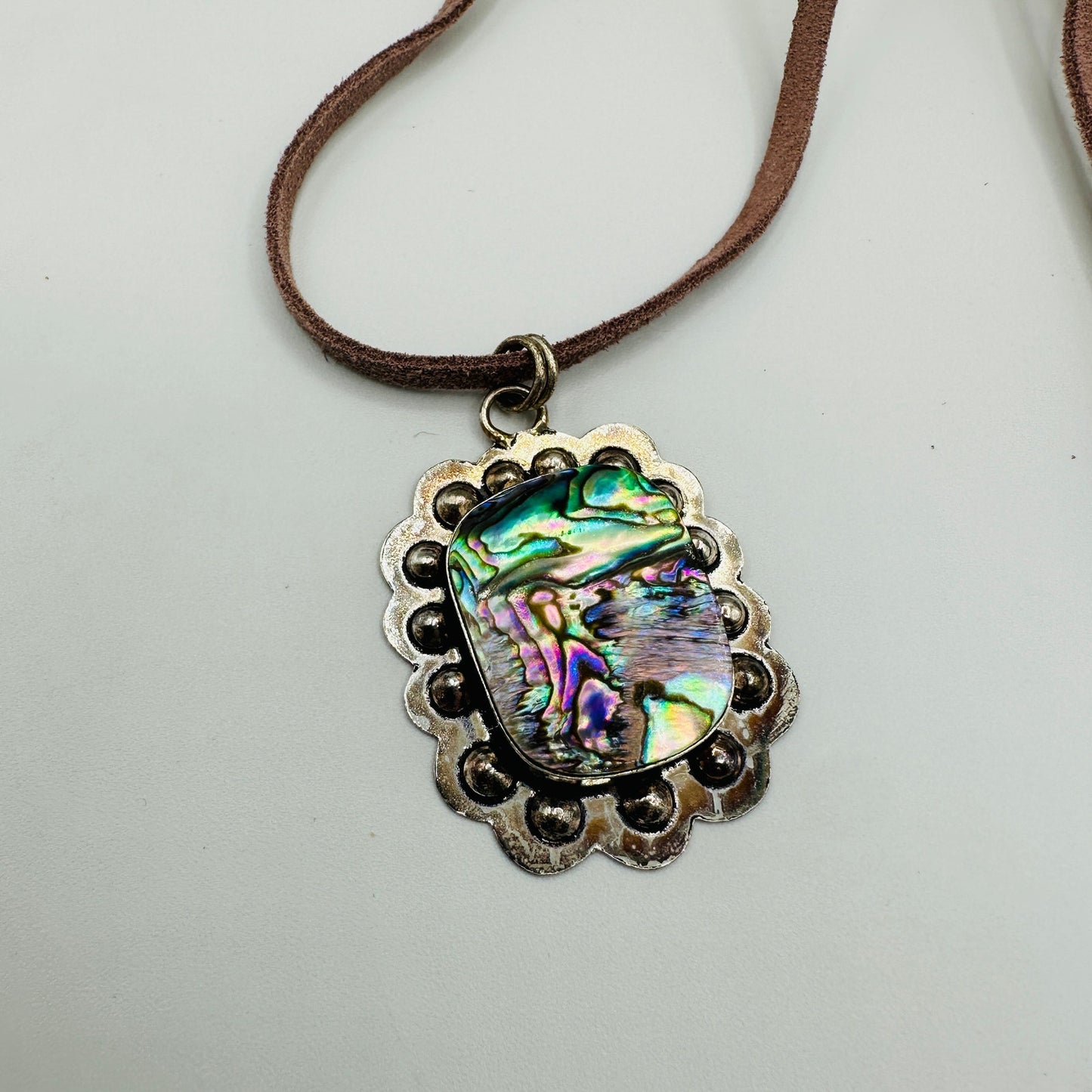 Abalone Shell Silver-Plated Boho Necklace on Suede Leather Cord