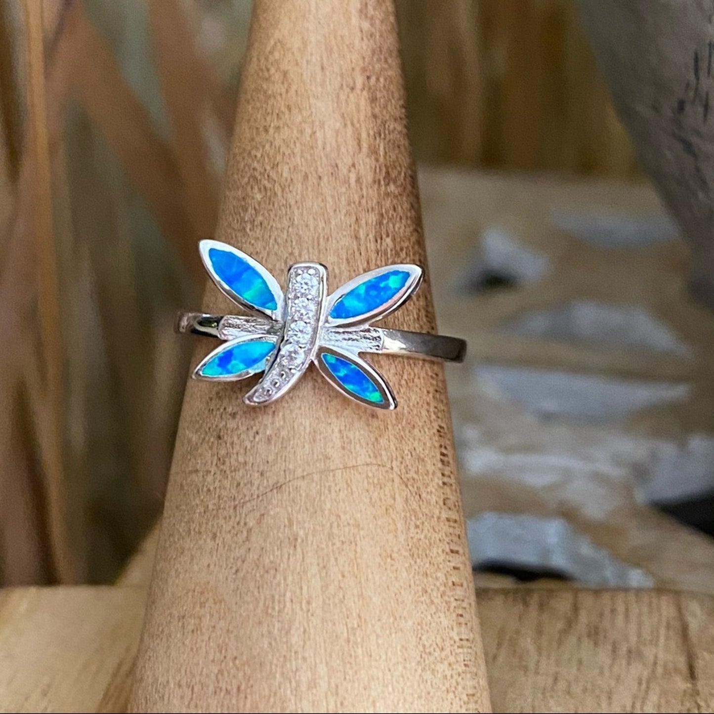 Dragonfly Blue Opal & Cz Sterling Silver Ring