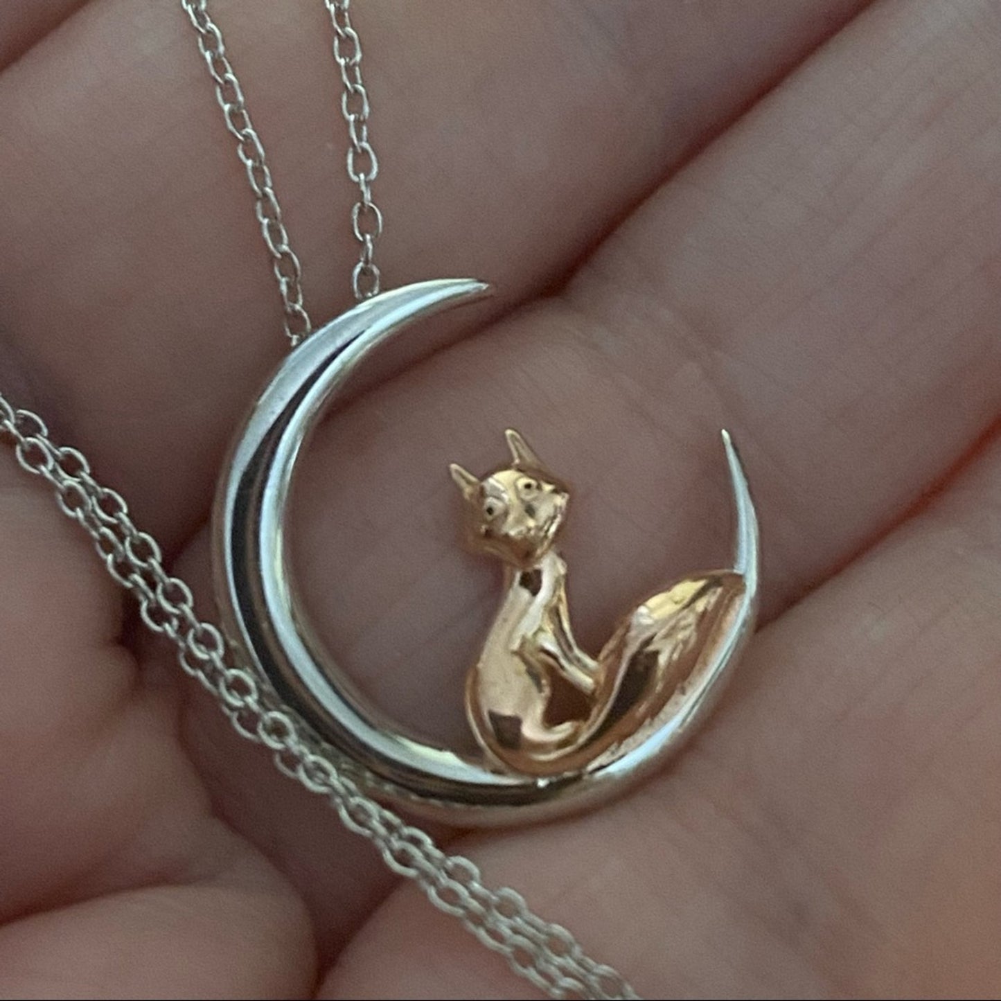 Fox and Crescent Moon Sterling Silver and Rose Gold Necklace