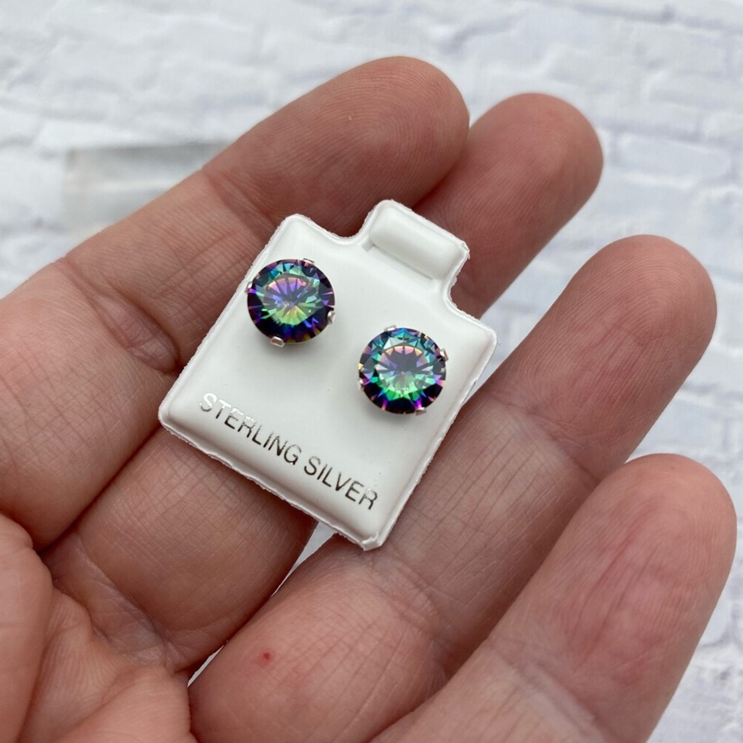 Rainbow Topaz CZ 8mm Sterling Silver Stud Earrings